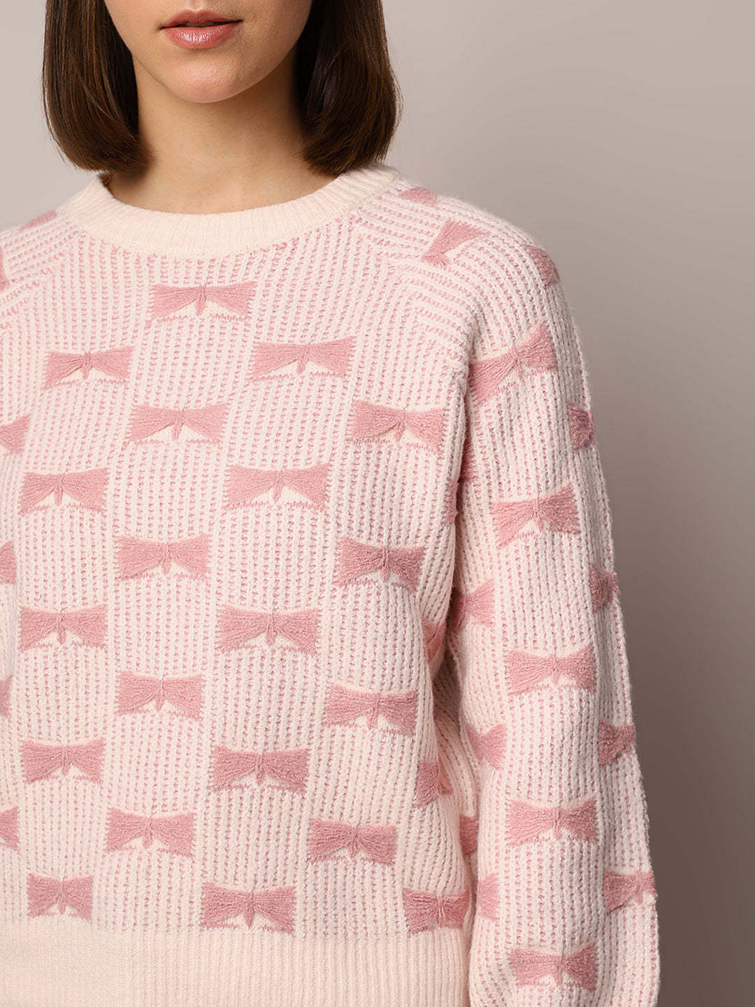 Light Pink Bow Detail Jacquard Pullover