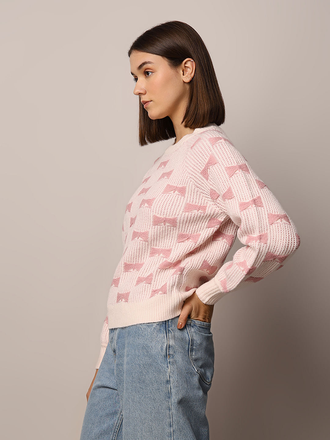 Light Pink Bow Detail Jacquard Pullover
