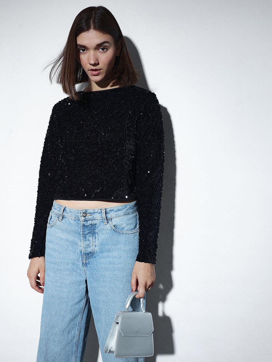 Black Sequined Bow Detail Top