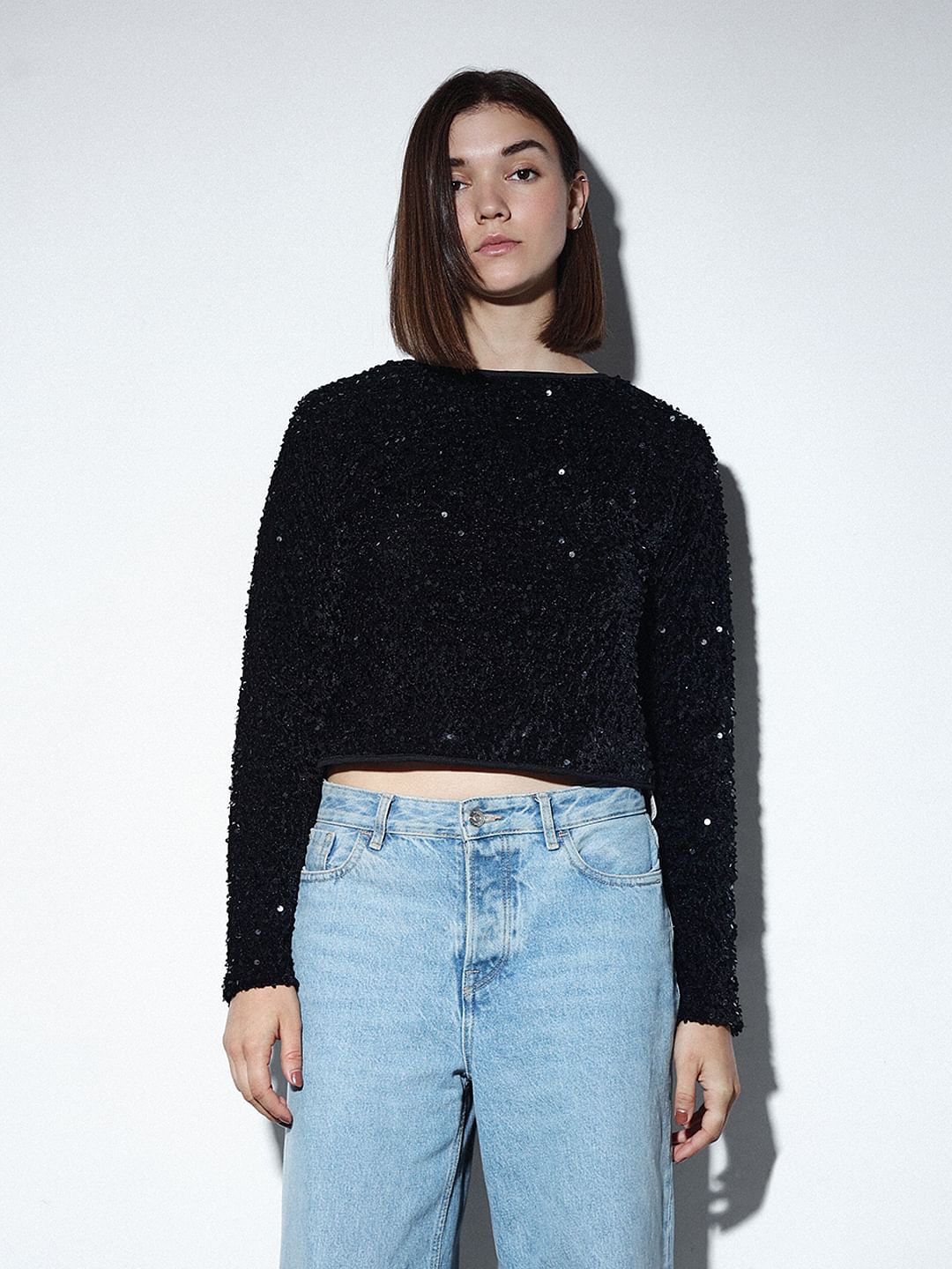 Black Sequined Bow Detail Top