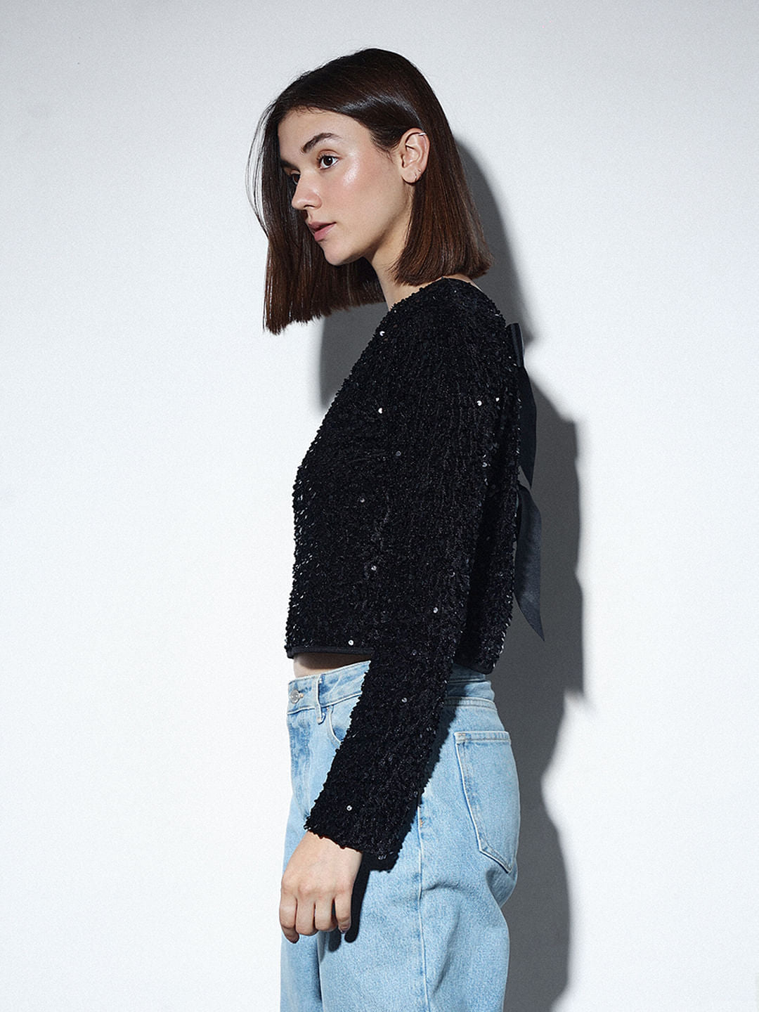 Black Sequined Bow Detail Top
