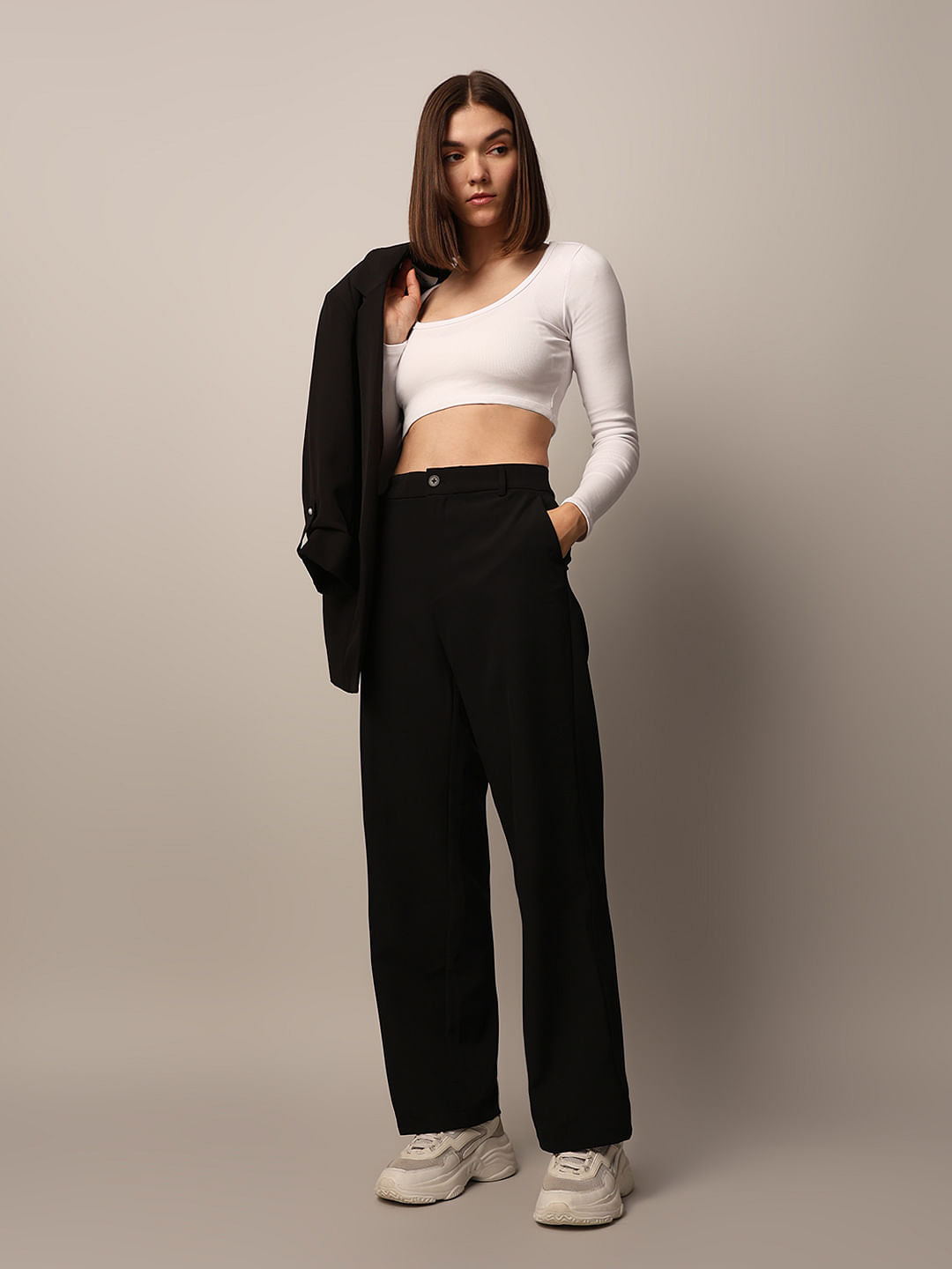 Black Mid Rise Tailored Pants