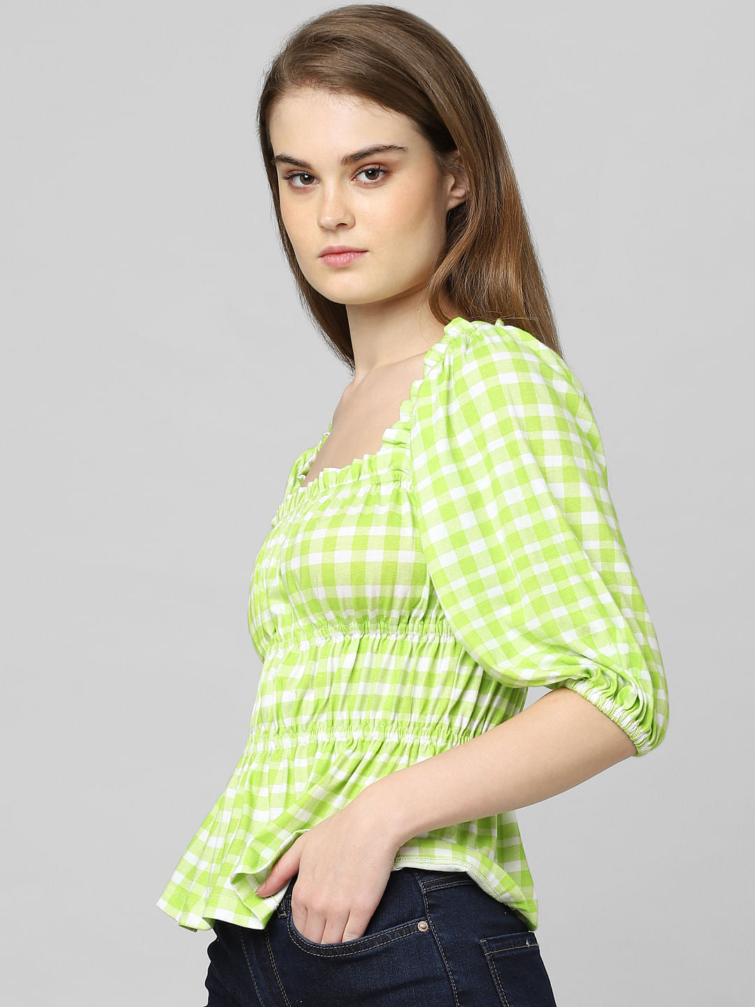 Green Check Print Smock Top