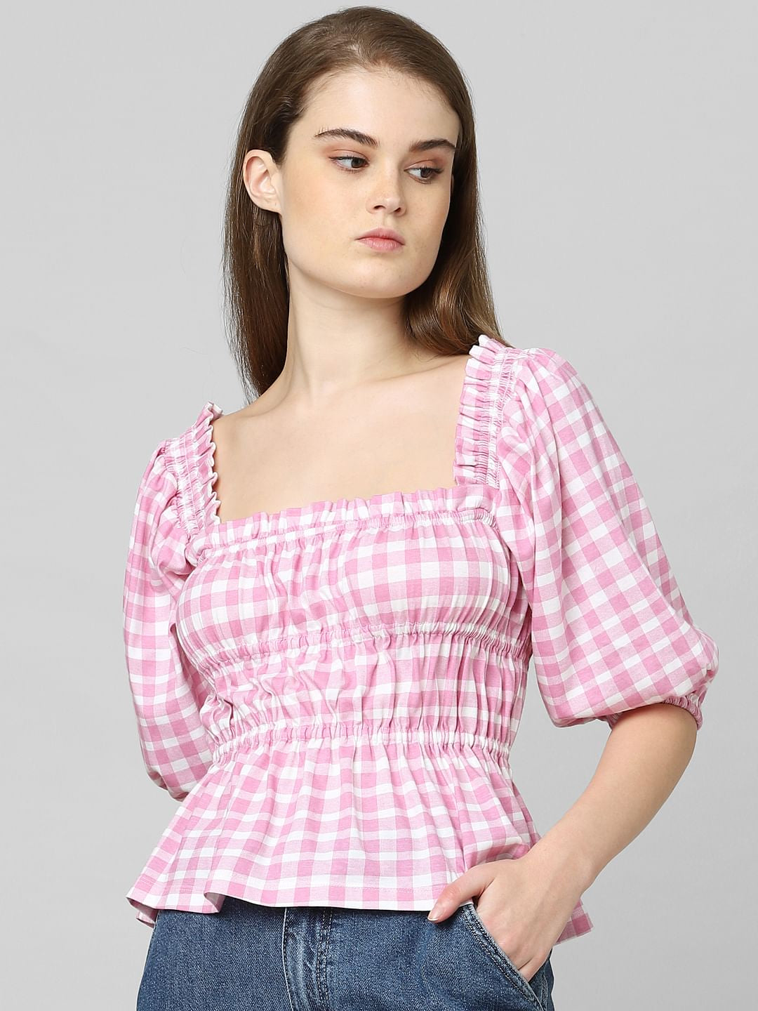 Purple Check Print Smock Top