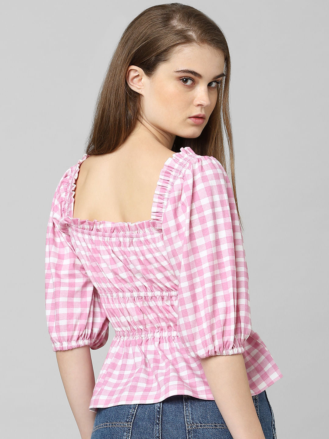 Purple Check Print Smock Top