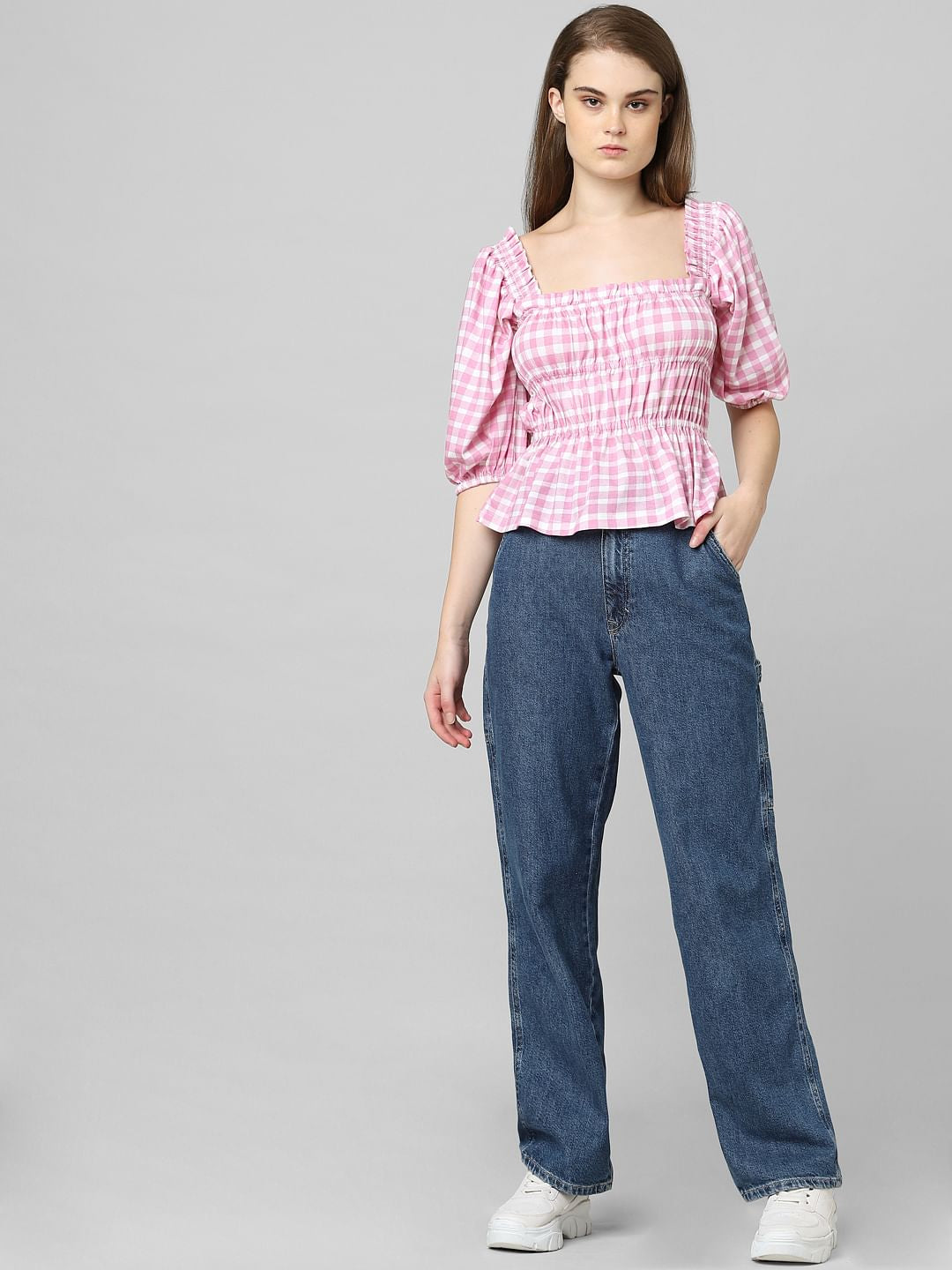 Purple Check Print Smock Top