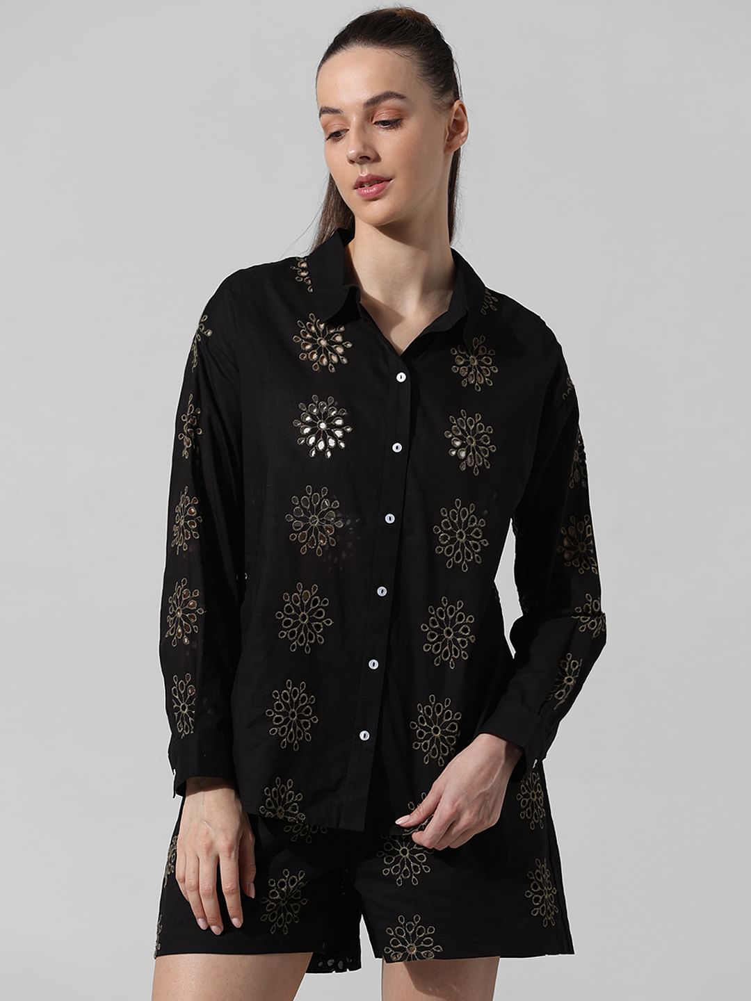 Black Schiffli Co-Ord Set Shirt