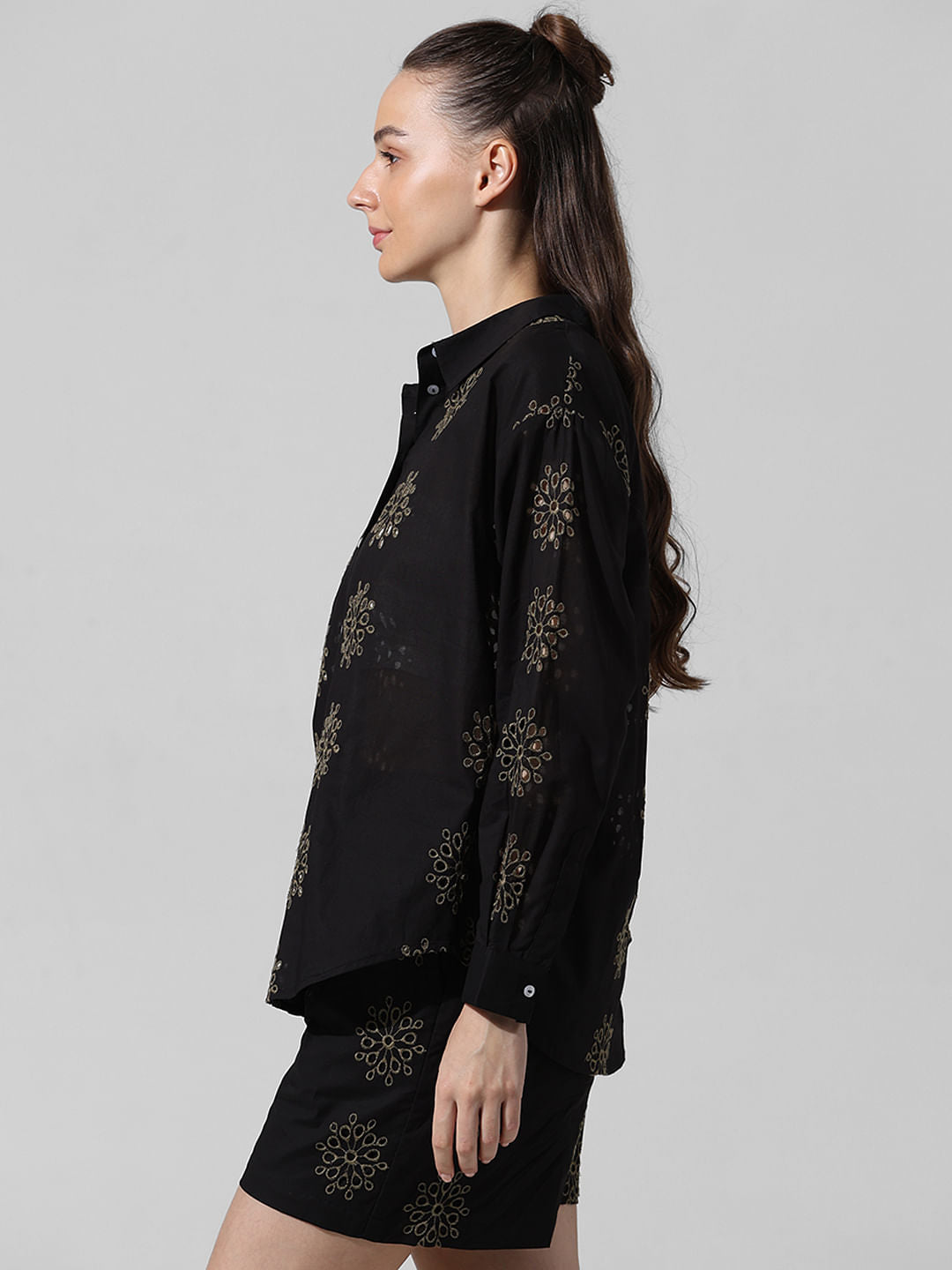 Black Schiffli Co-Ord Set Shirt