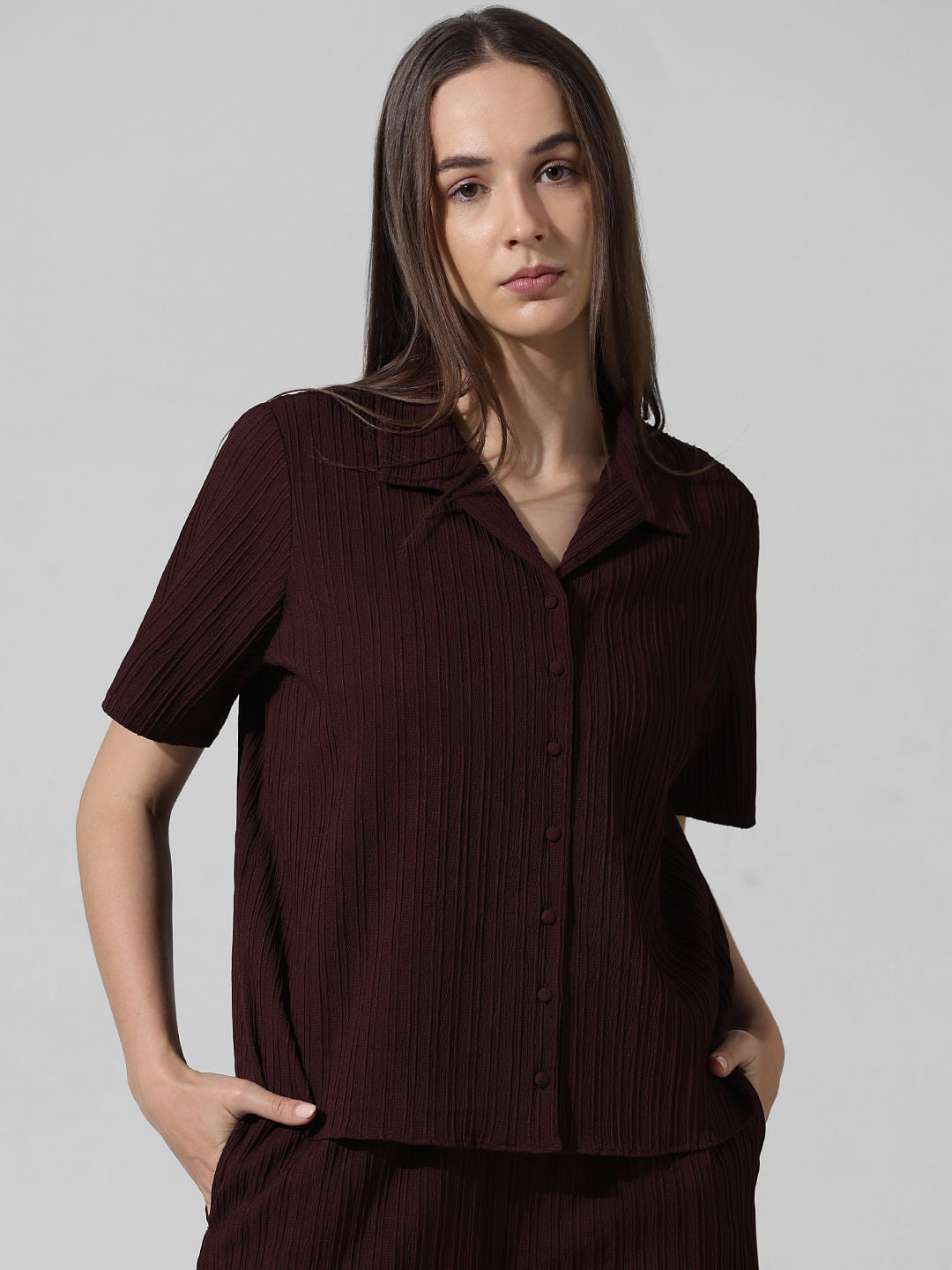 Burgundy Textured Co-Ord Set Shirt