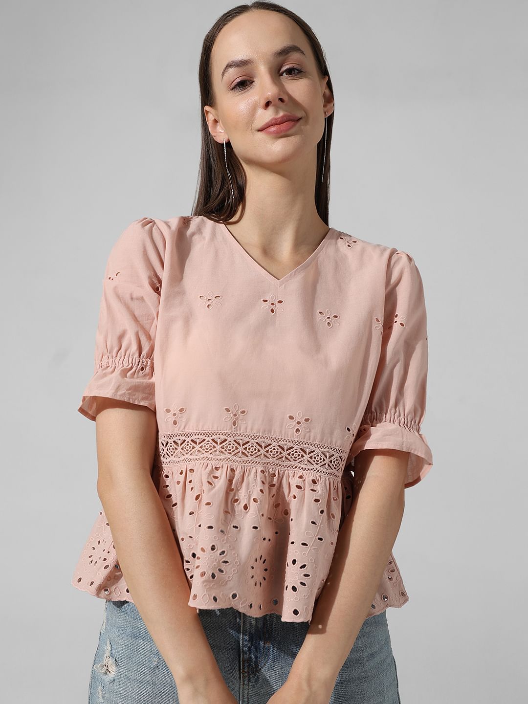 Pink Schiffli Peplum Top