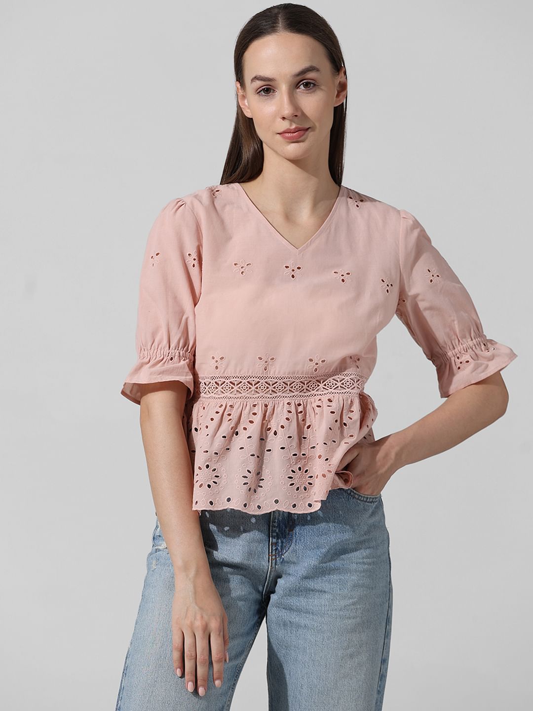 Pink Schiffli Peplum Top