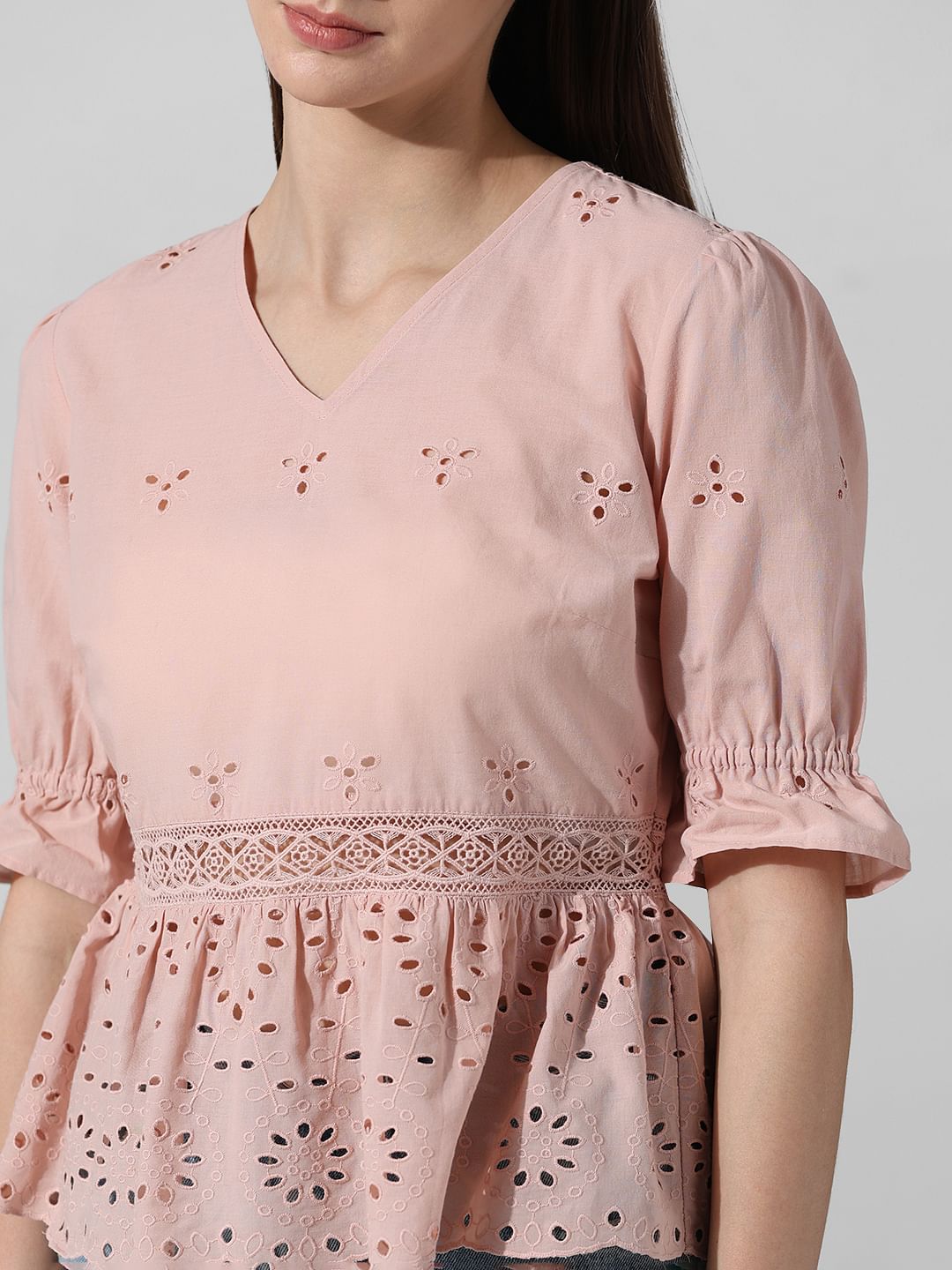 Pink Schiffli Peplum Top