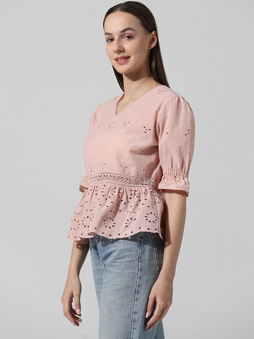 Pink Schiffli Peplum Top