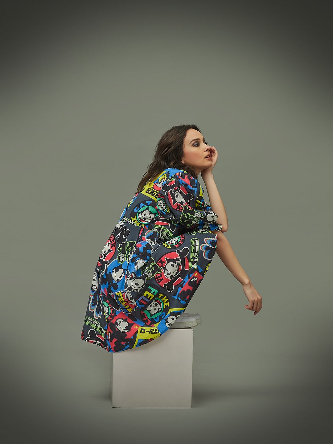 Only X Felix The Cat Black Printed Fit & Flare Dress