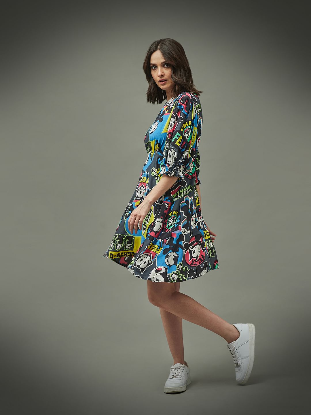 Only X Felix The Cat Black Printed Fit & Flare Dress