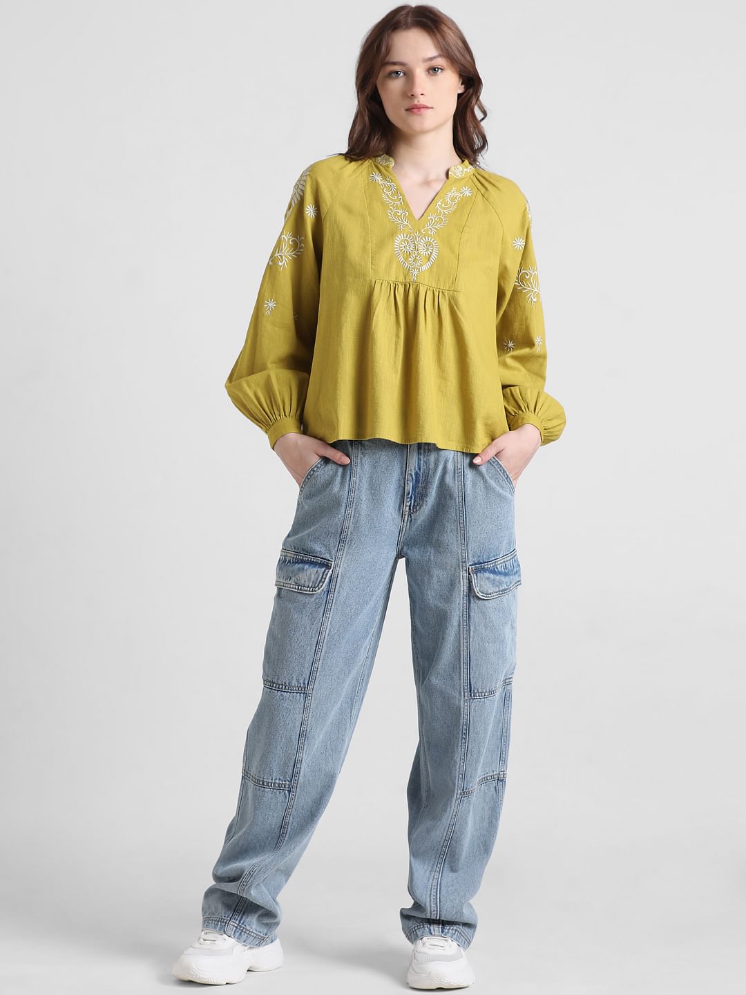 Green Embroidered Woven Top