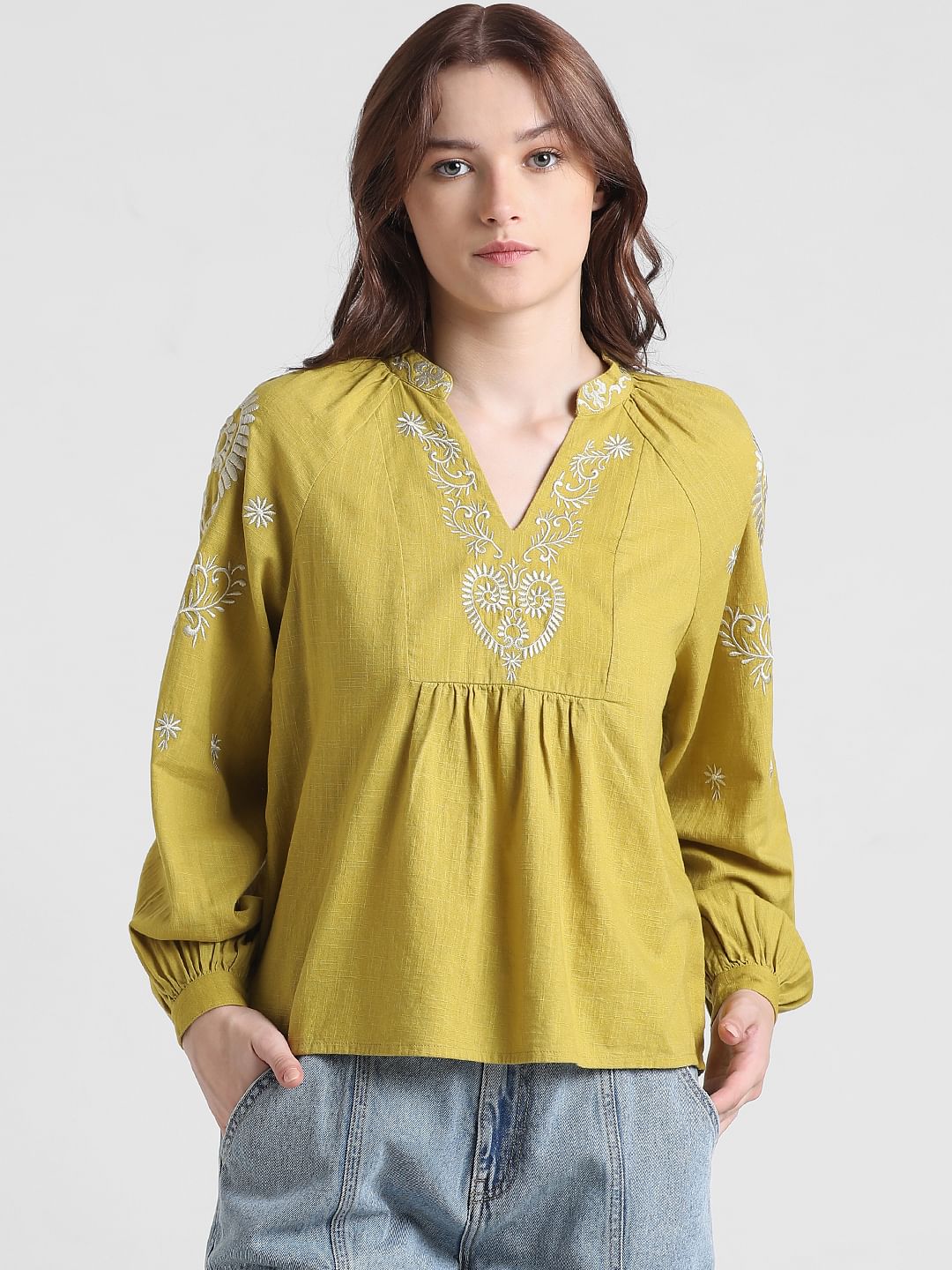 Green Embroidered Woven Top