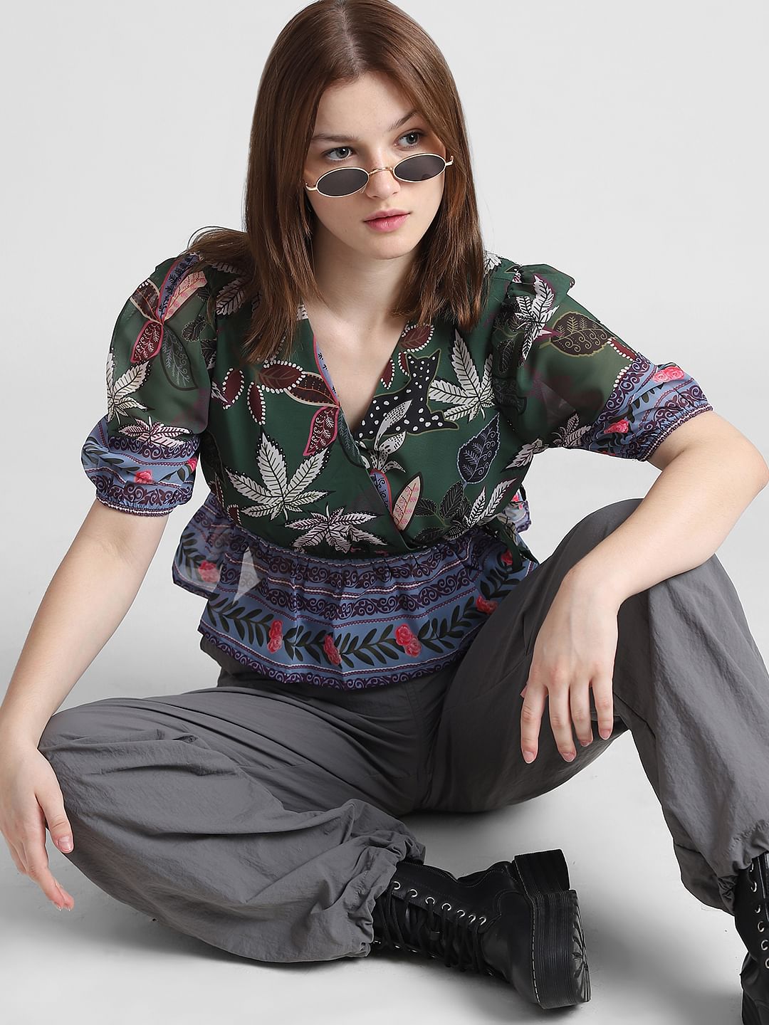 Green Floral Chiffon Wrap Top