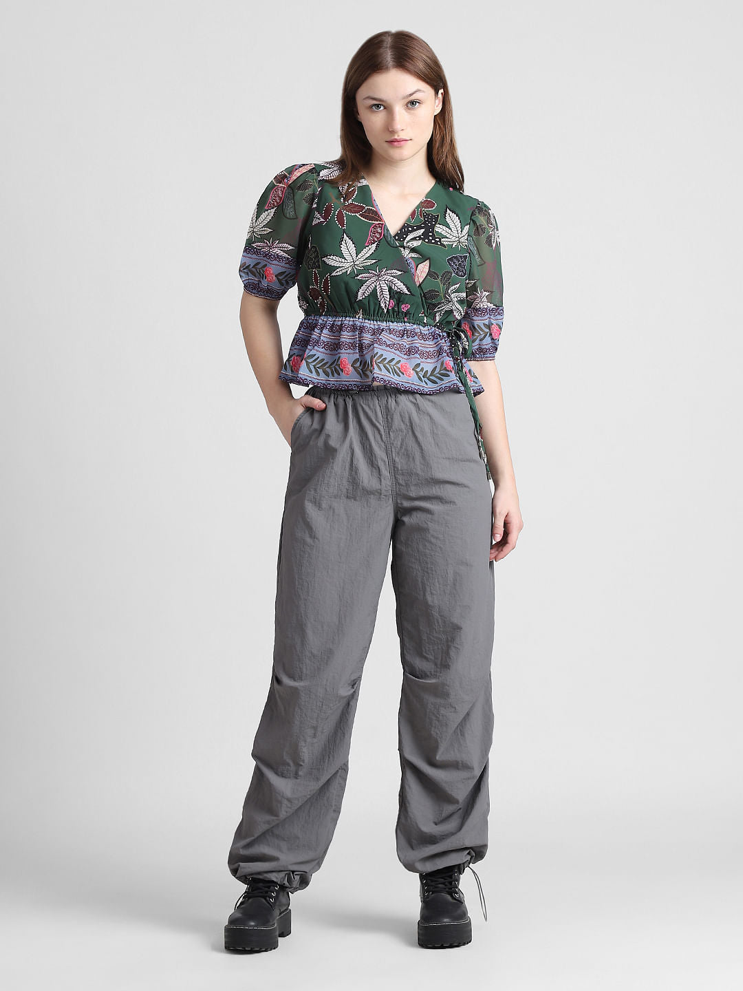 Green Floral Chiffon Wrap Top