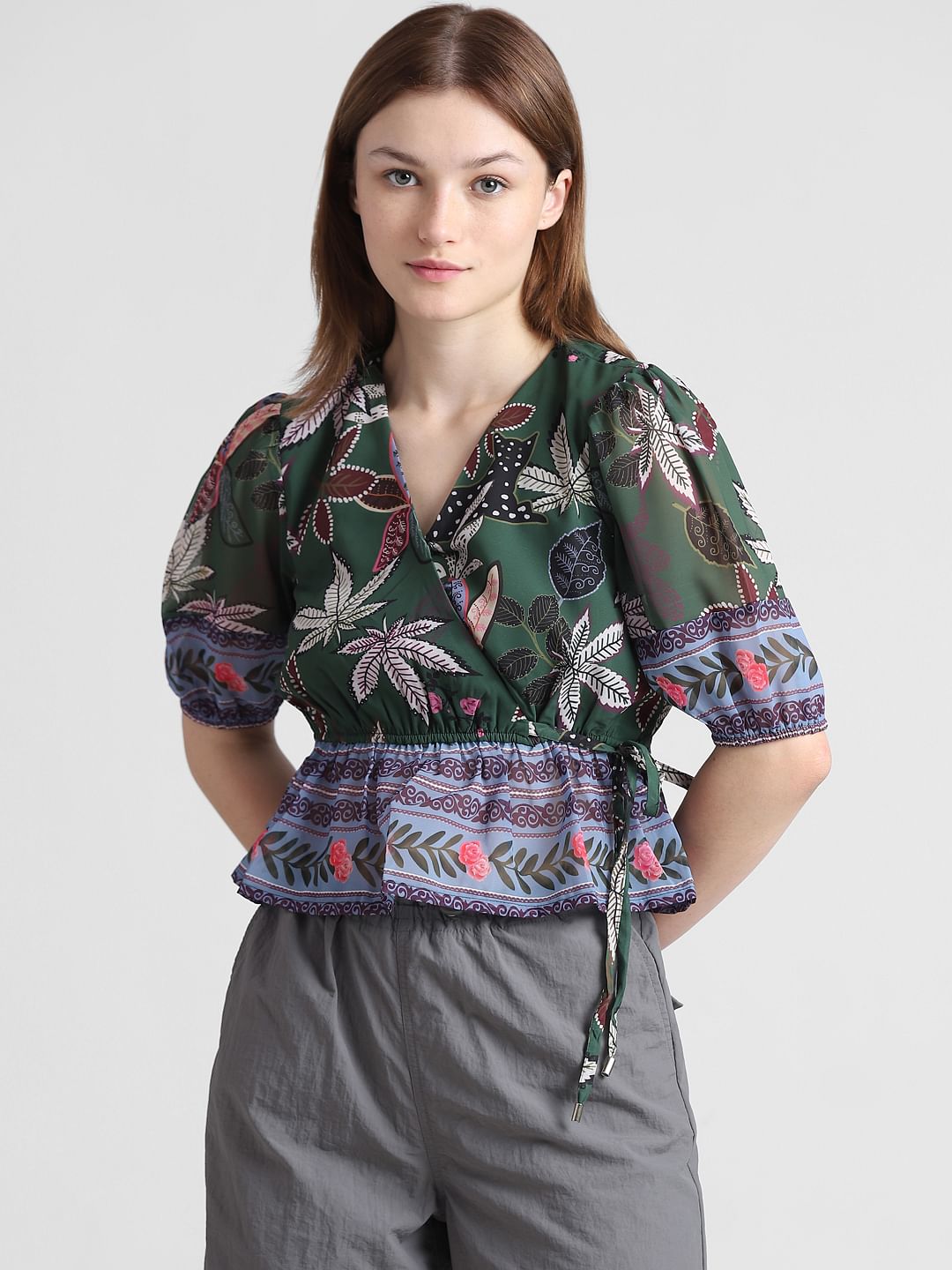 Green Floral Chiffon Wrap Top