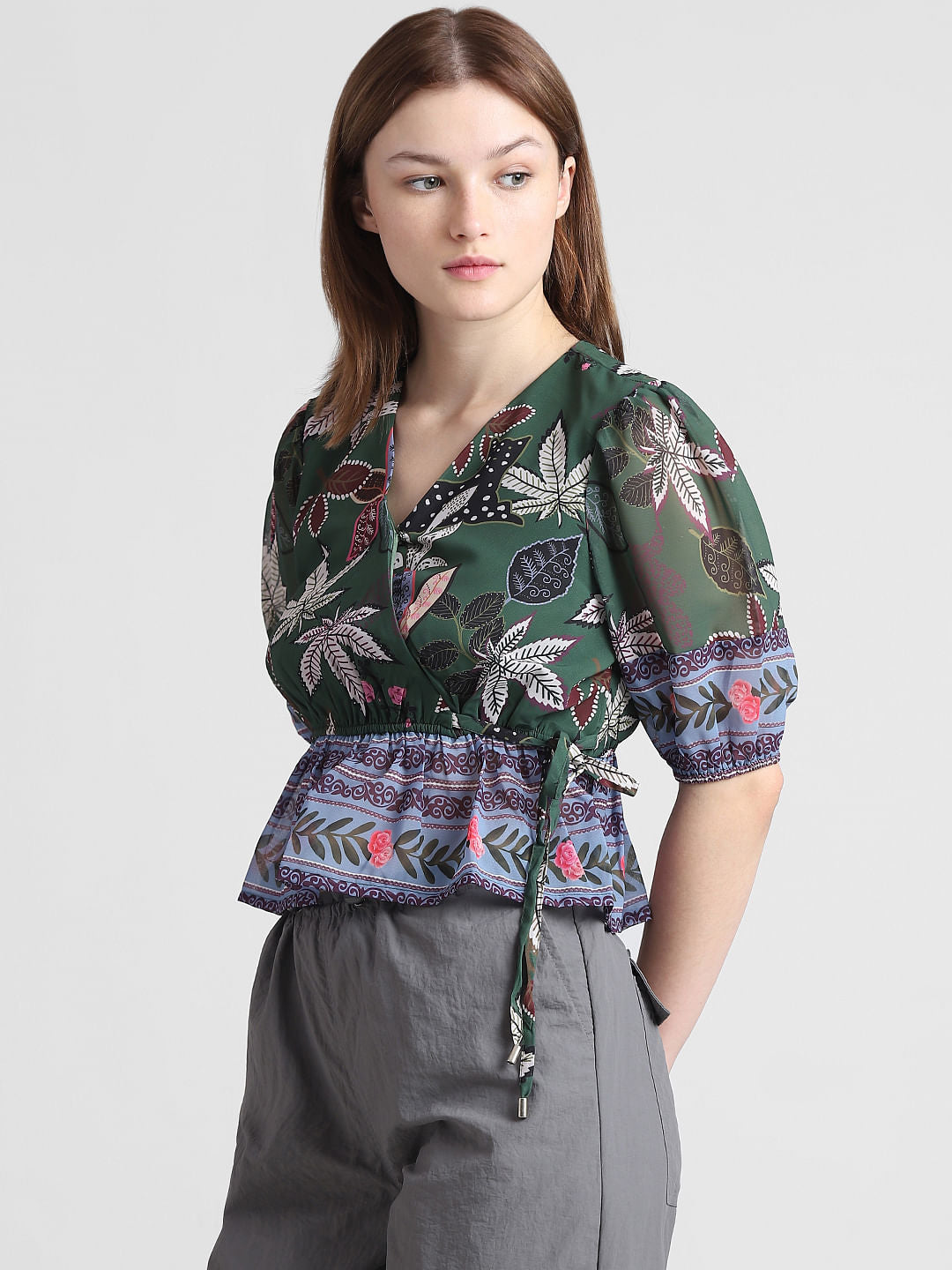 Green Floral Chiffon Wrap Top