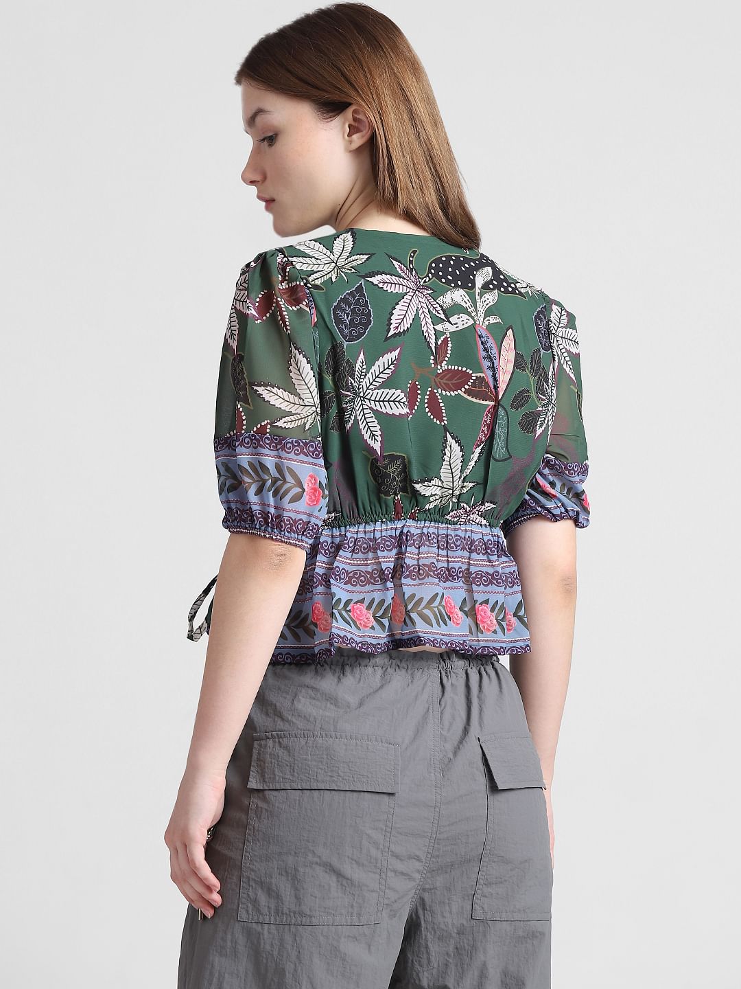 Green Floral Chiffon Wrap Top