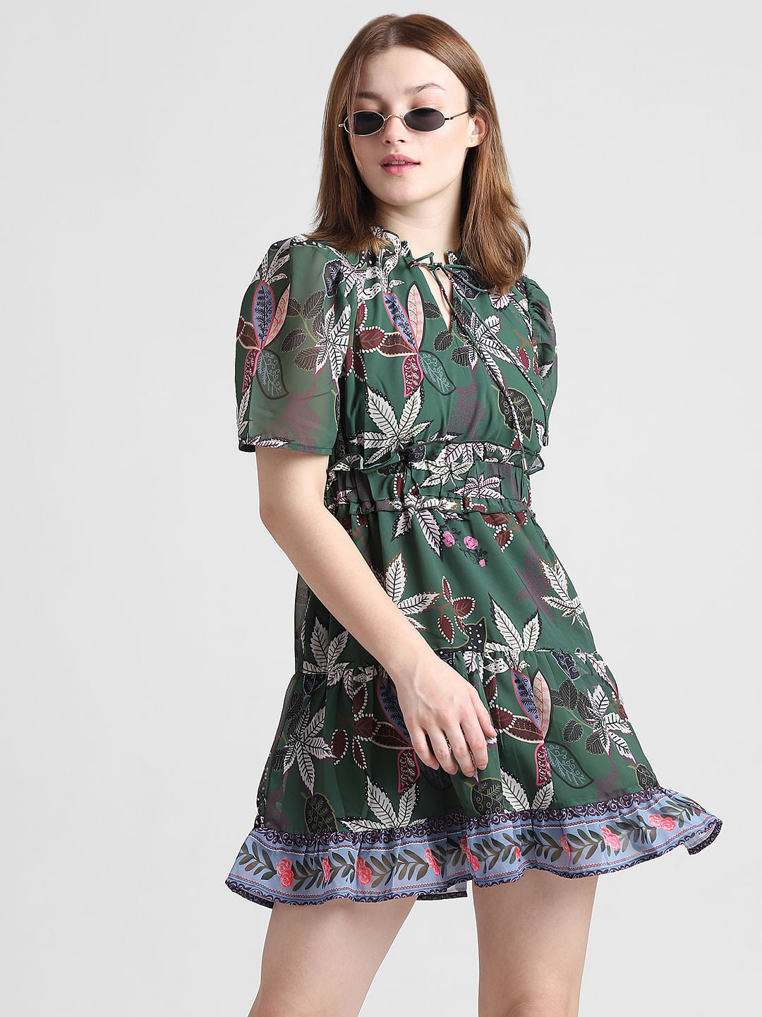 Green Floral Flounce Chiffon Dress