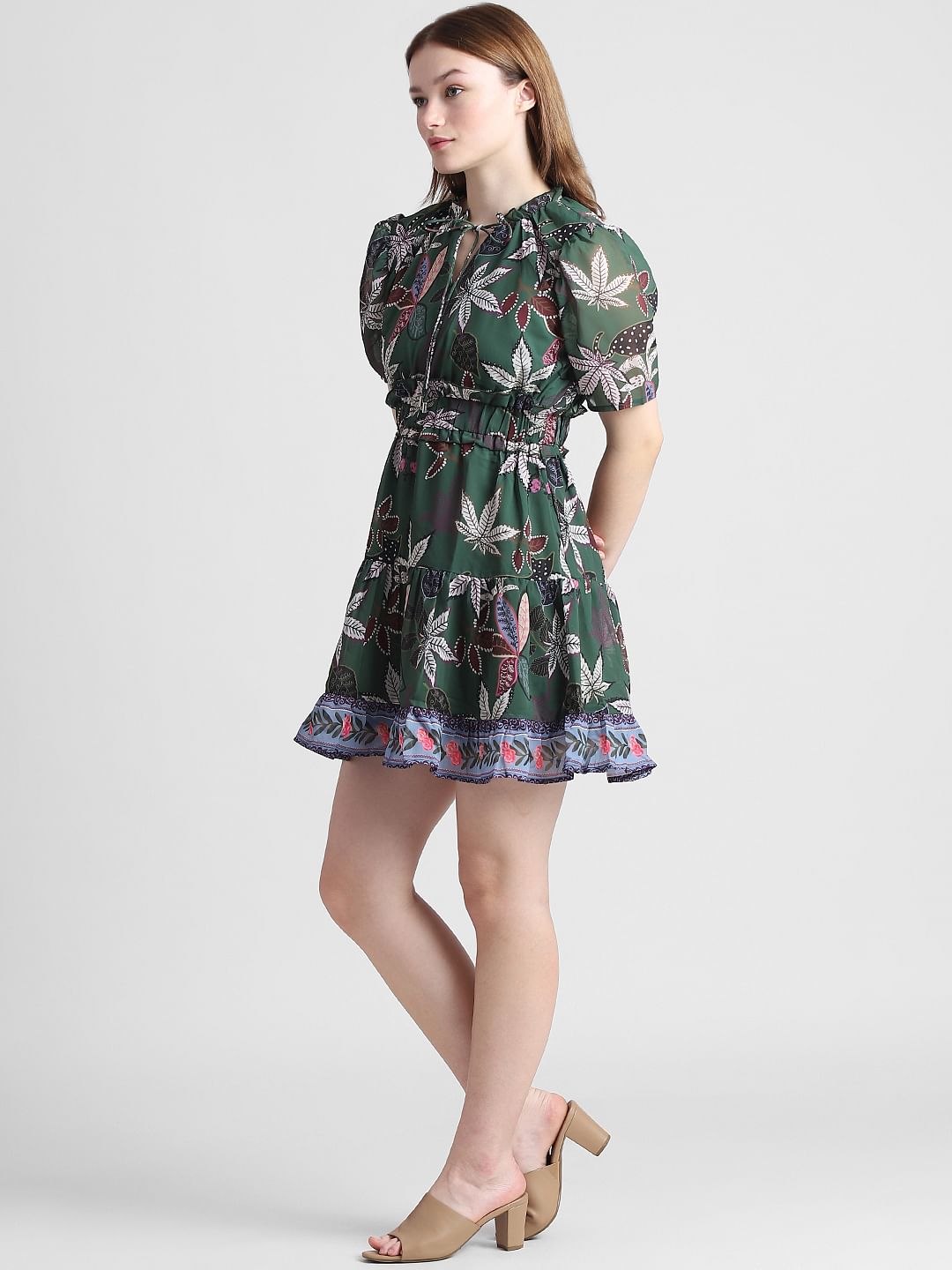 Green Floral Flounce Chiffon Dress