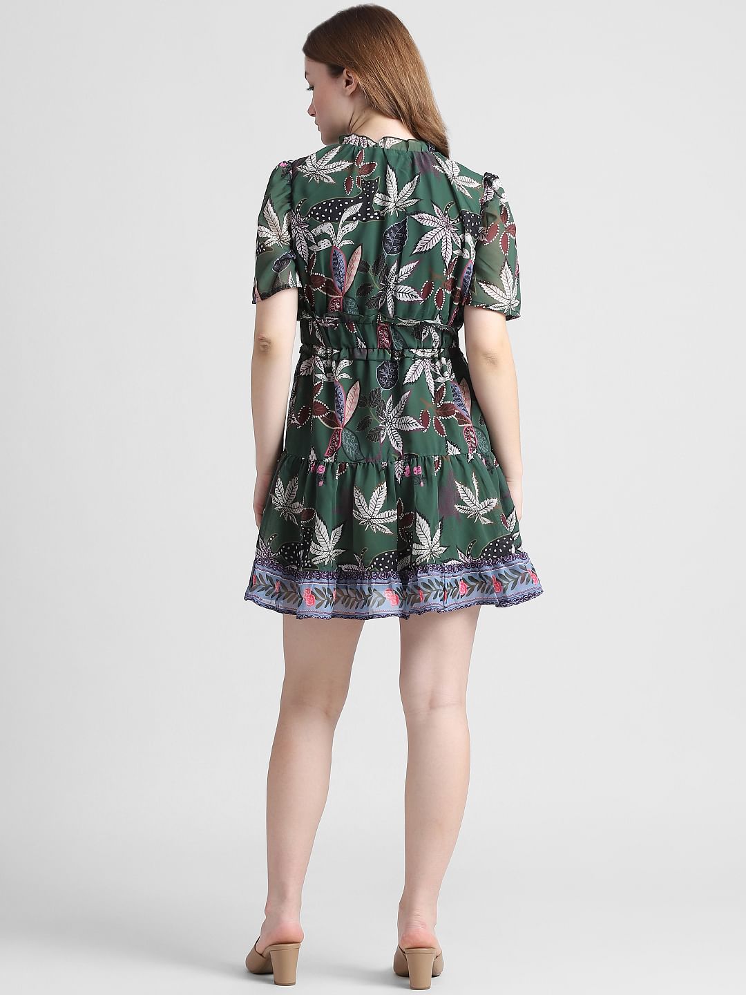 Green Floral Flounce Chiffon Dress