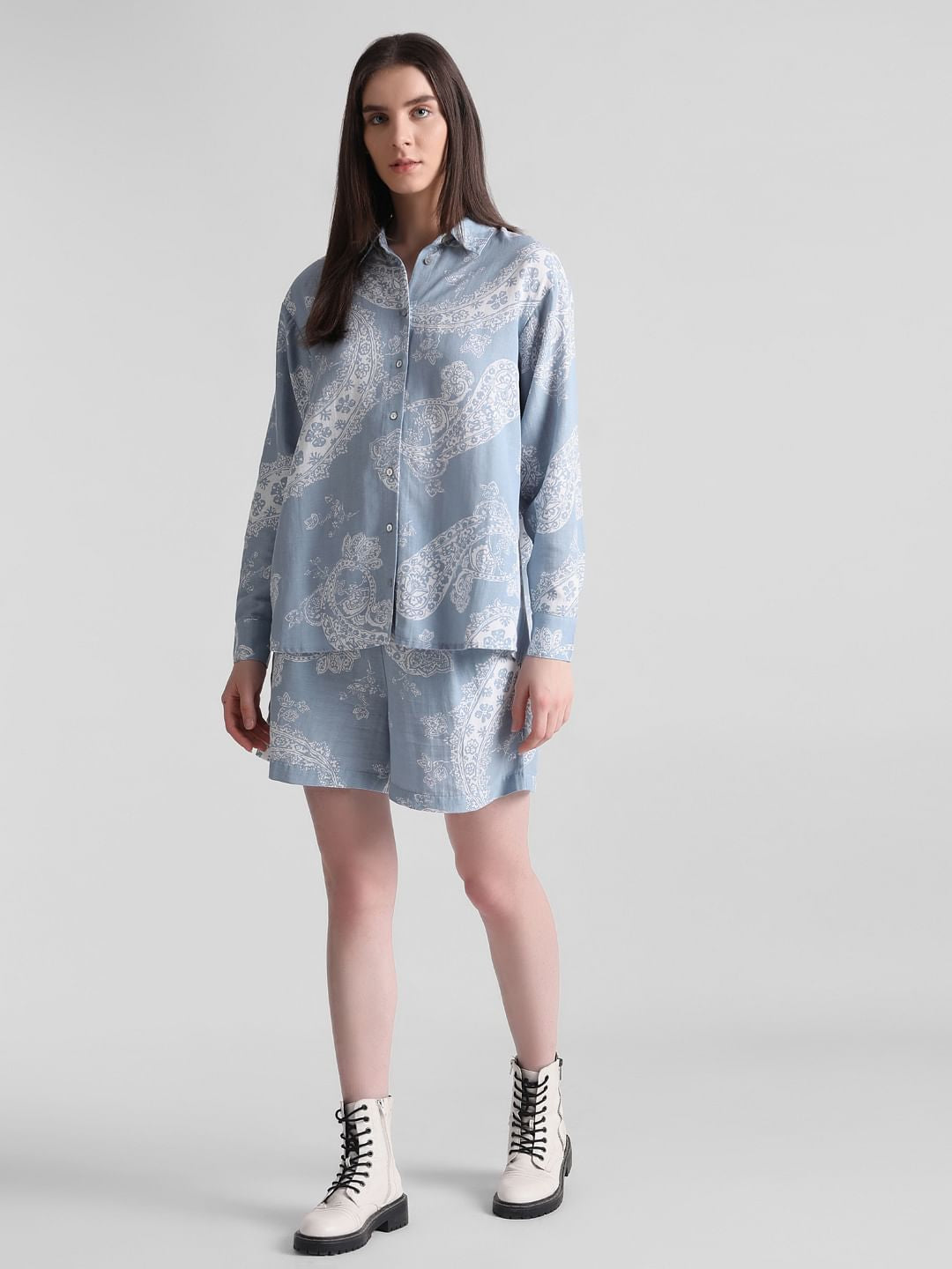 Blue Paisley Print Oversized Shirt