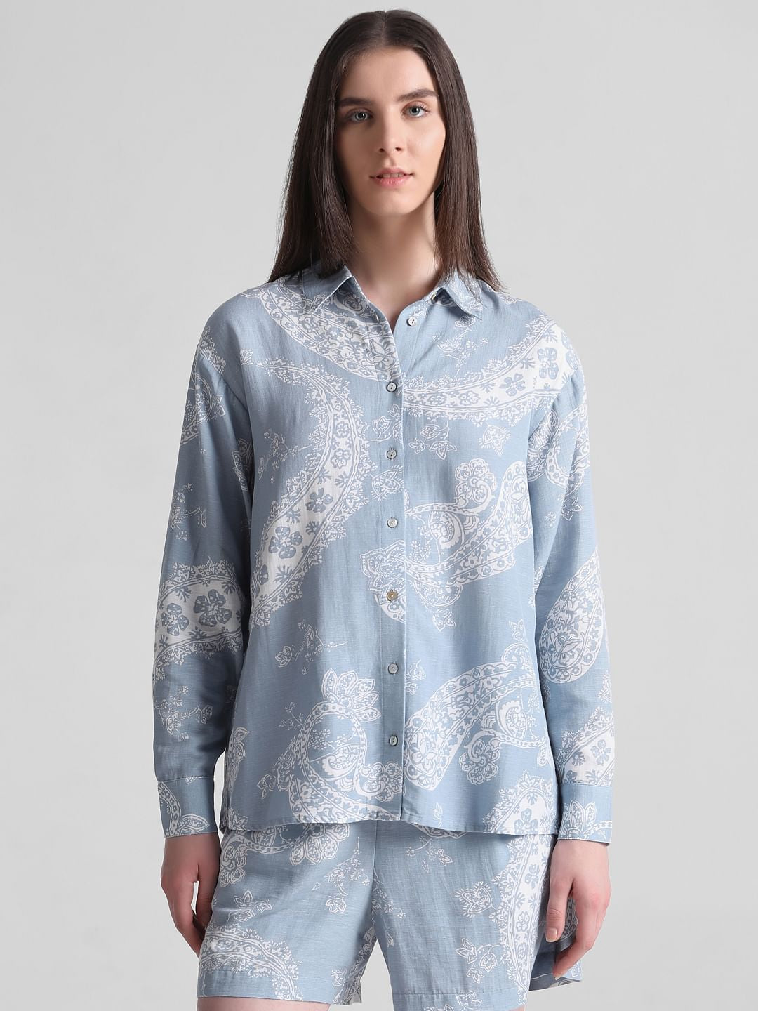 Blue Paisley Print Oversized Shirt