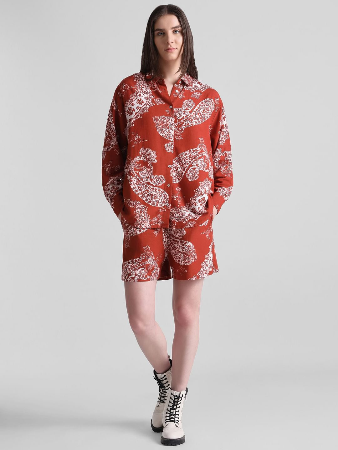 Brown Paisley Print Oversized Shirt