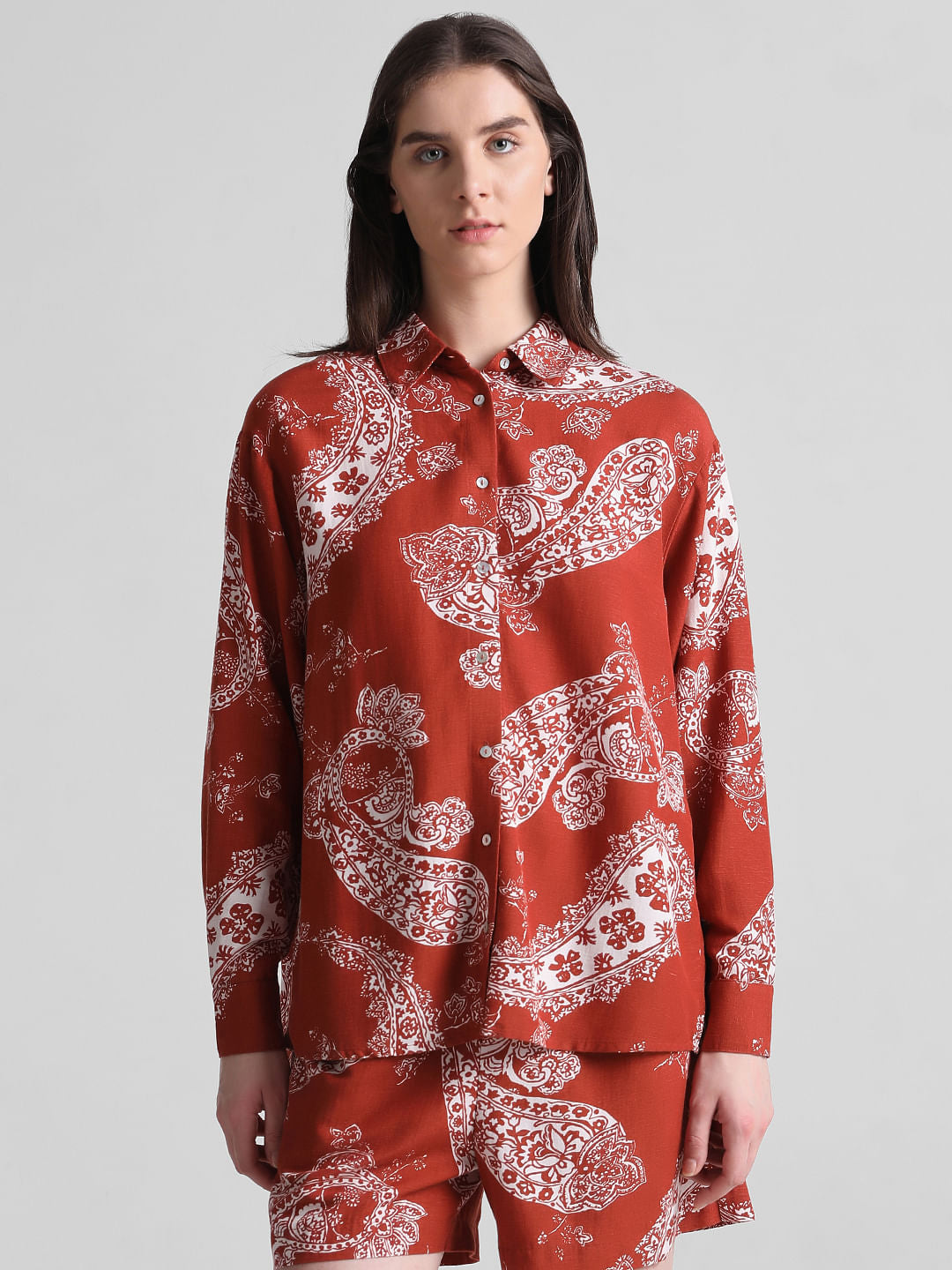 Brown Paisley Print Oversized Shirt