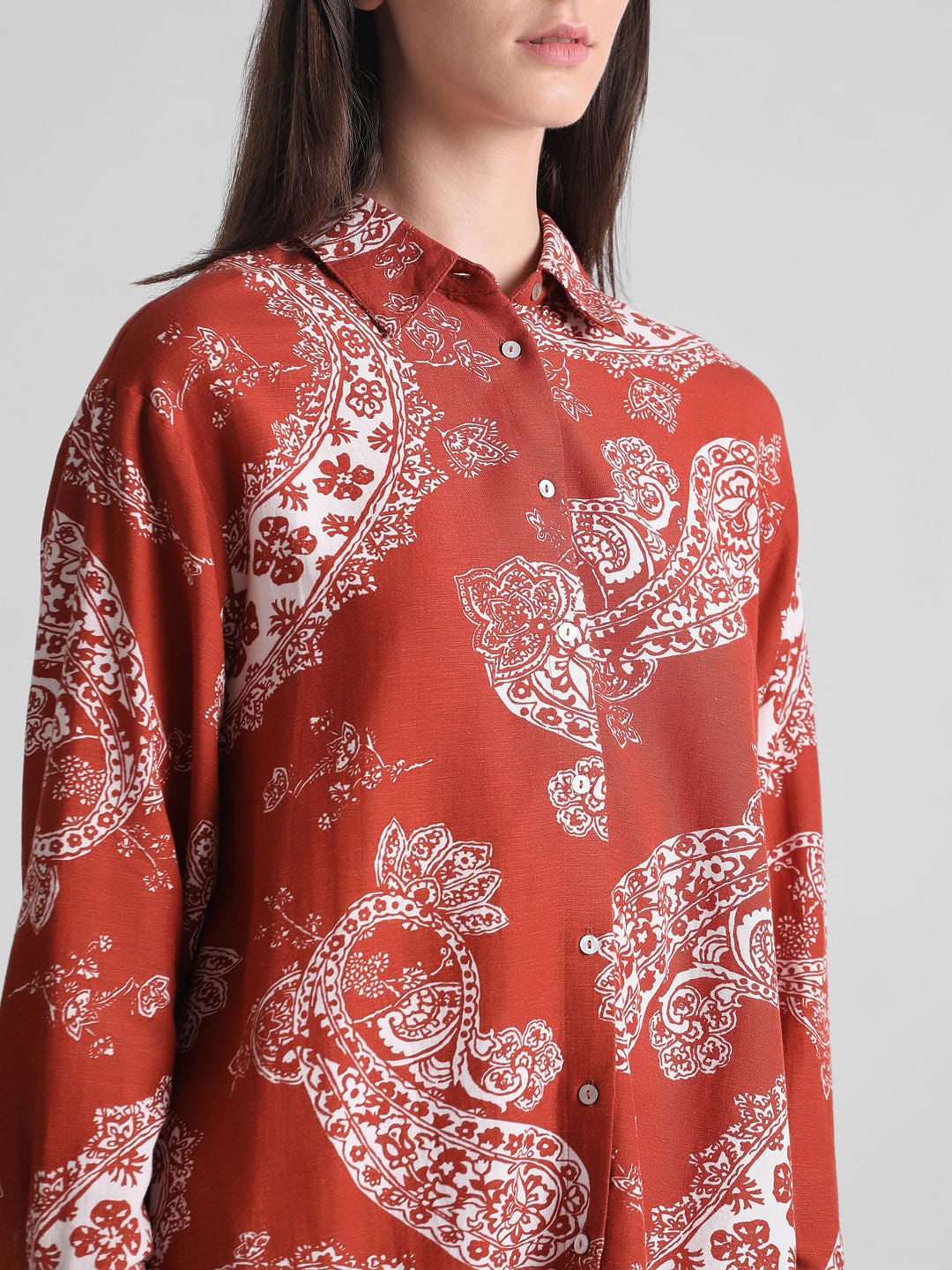 Brown Paisley Print Oversized Shirt