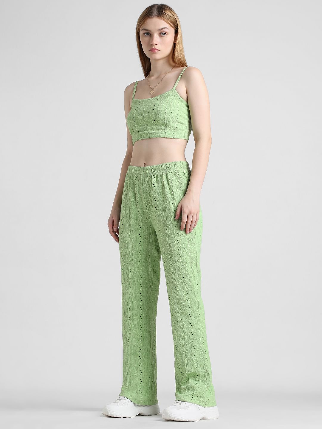 Green High Rise Crinkled Pointelle Pants