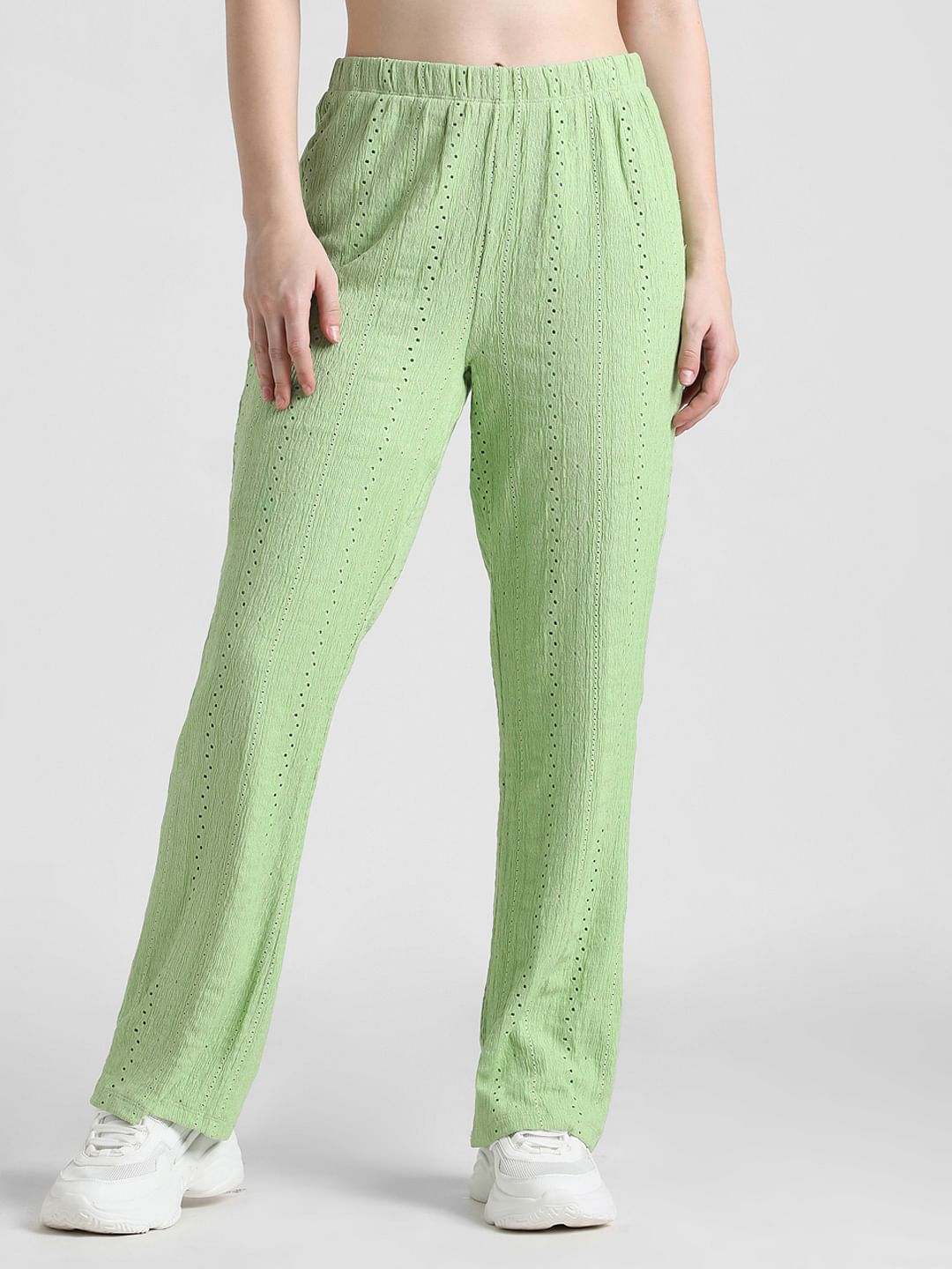 Green High Rise Crinkled Pointelle Pants
