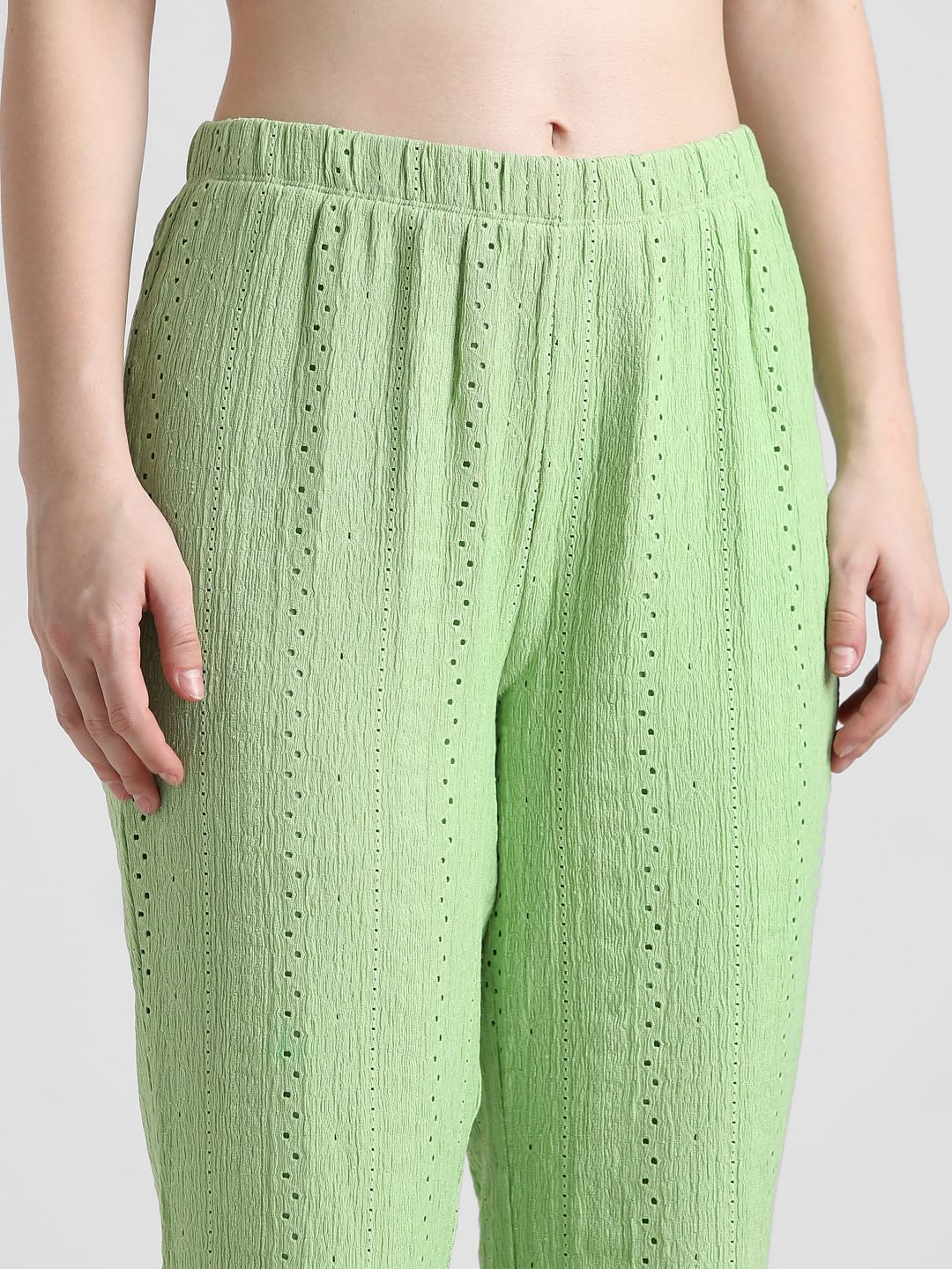Green High Rise Crinkled Pointelle Pants