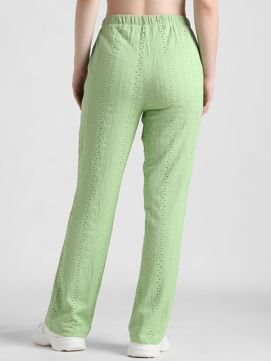 Green High Rise Crinkled Pointelle Pants