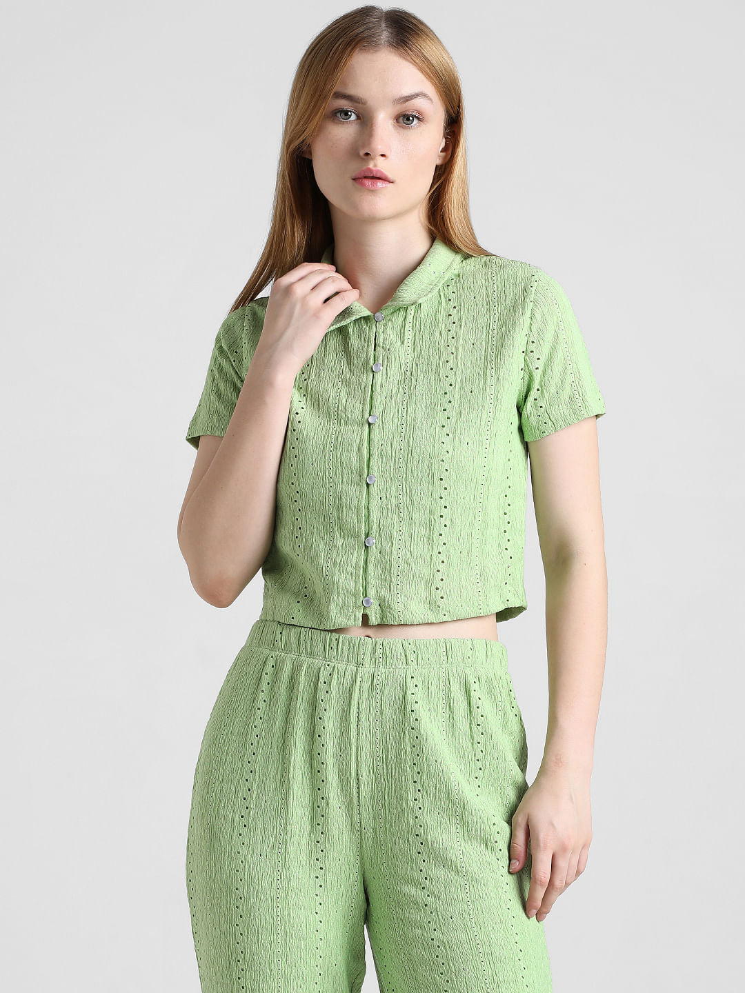 Green Crinkled Pointelle Shirt