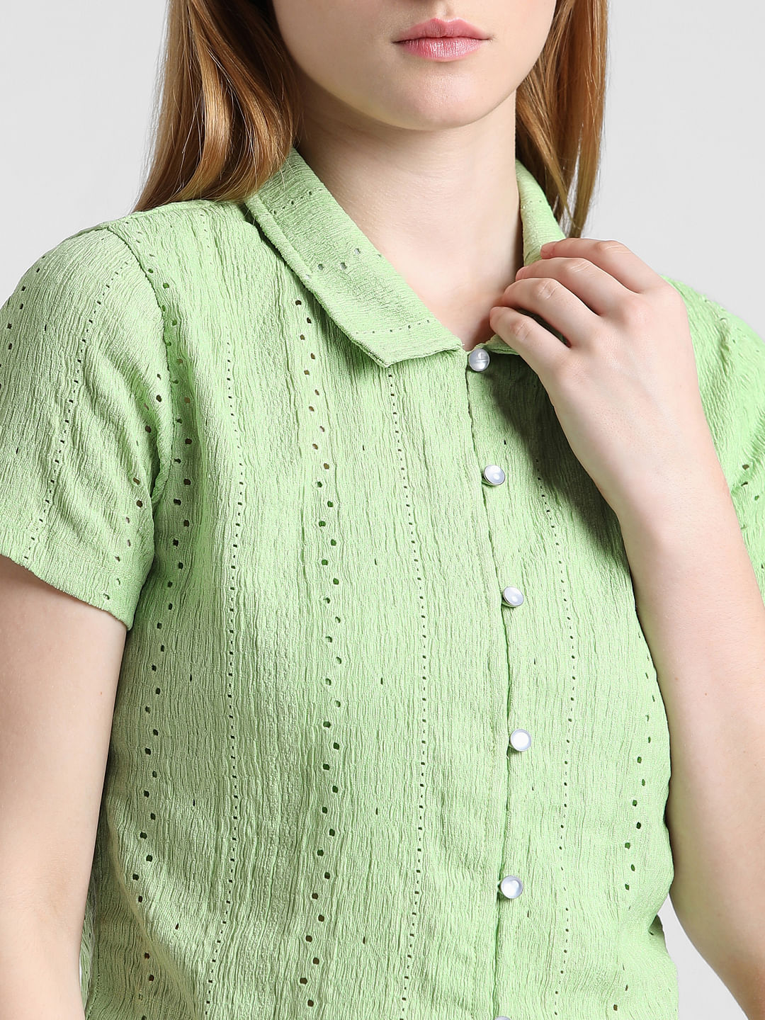 Green Crinkled Pointelle Shirt