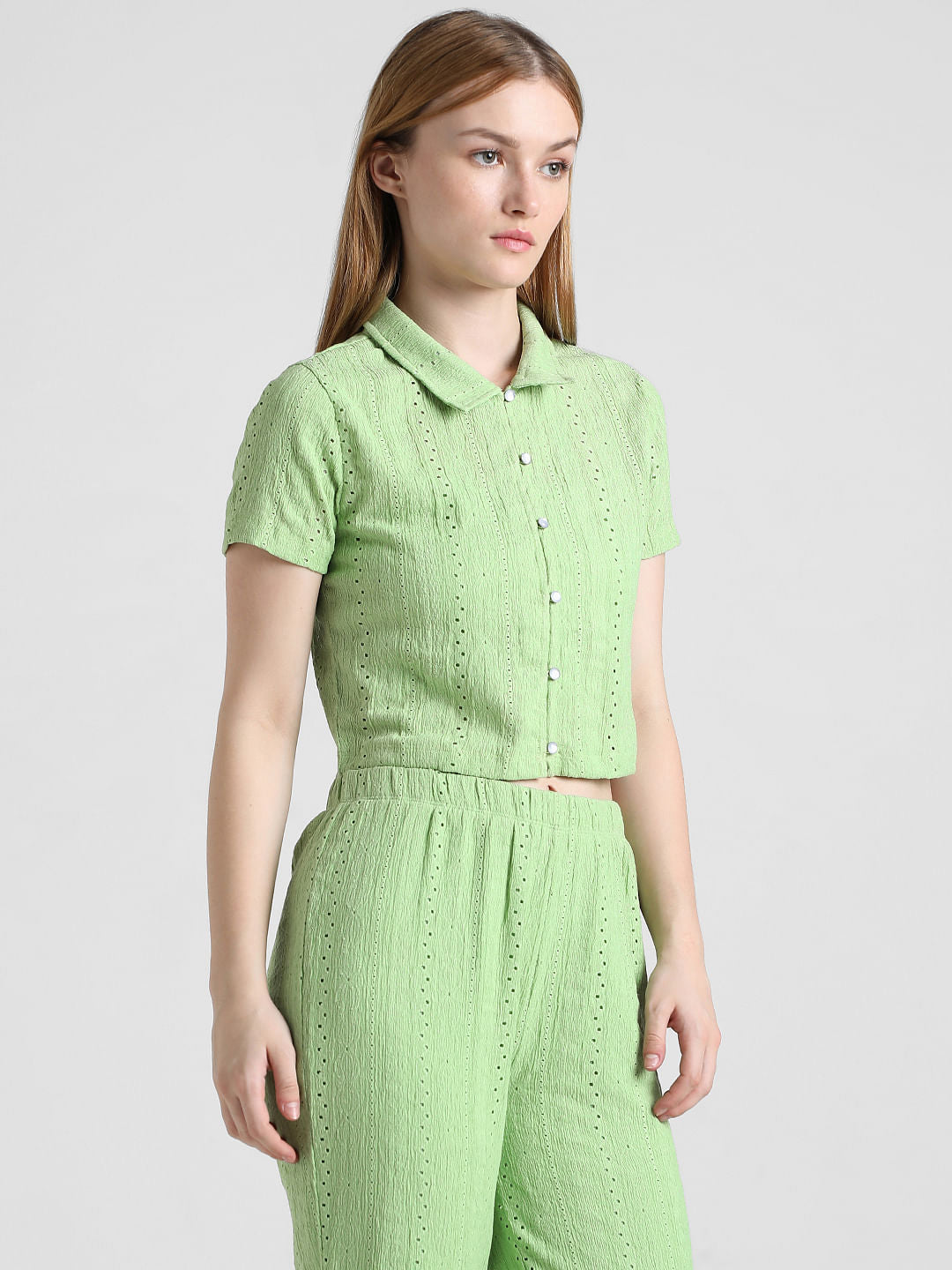 Green Crinkled Pointelle Shirt
