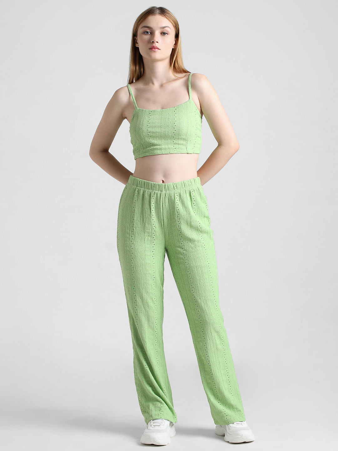 Green Crinkled Pointelle Spaghetti Top