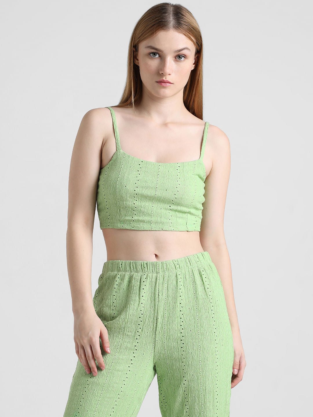 Green Crinkled Pointelle Spaghetti Top