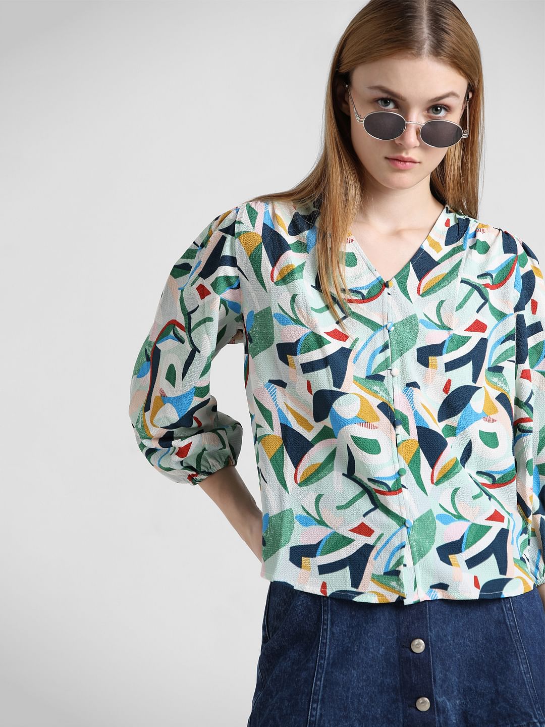 White Abstract Print Top