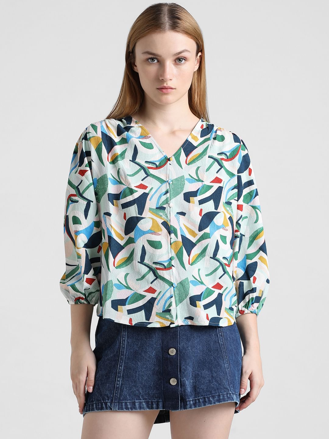 White Abstract Print Top