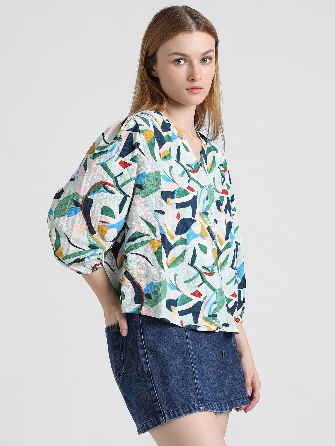 White Abstract Print Top