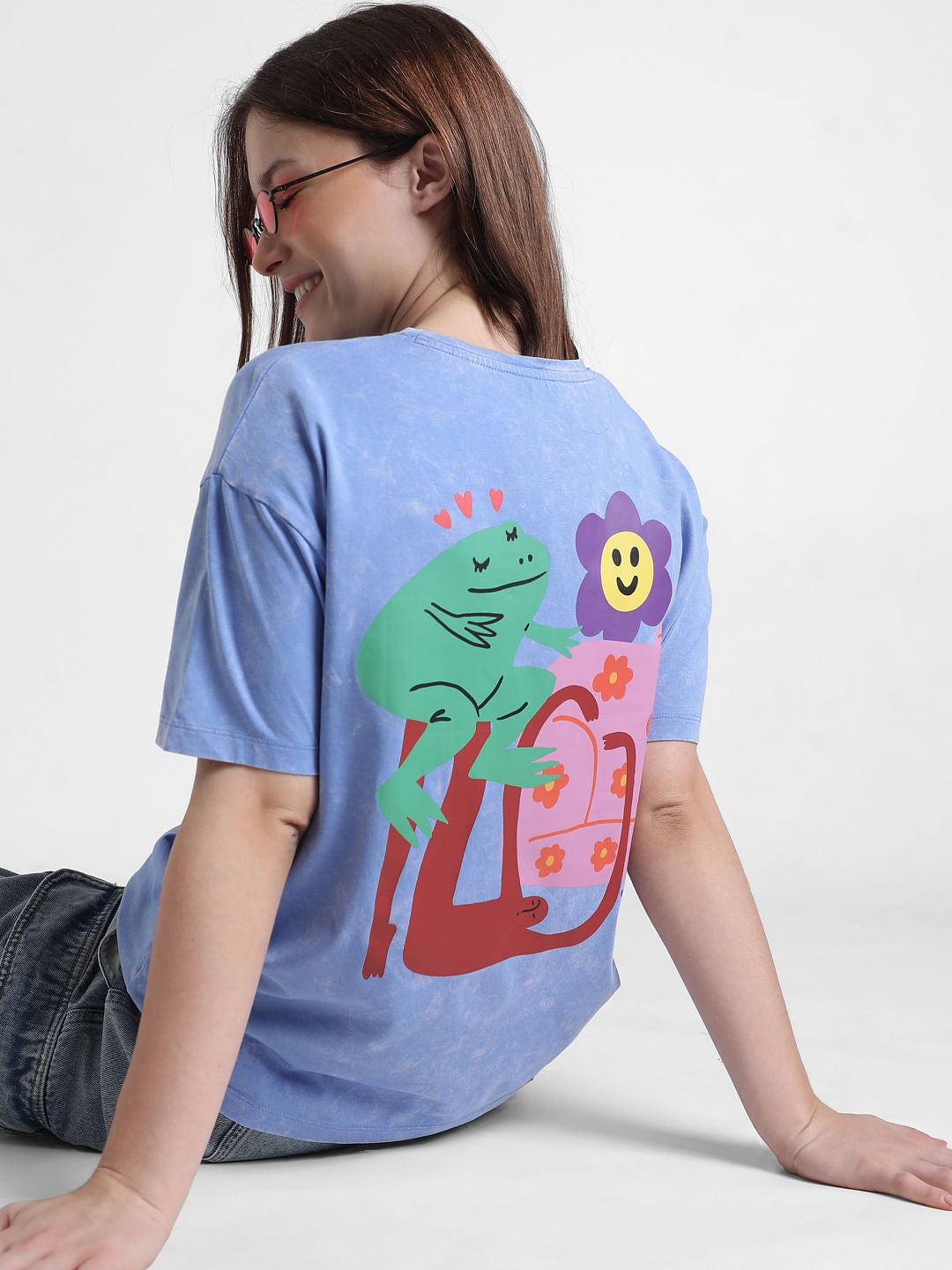 Blue Printed Oversized T-Shirt