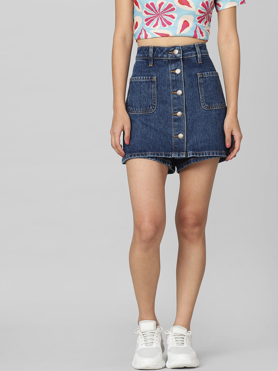 Dark Blue High Rise Denim Skorts