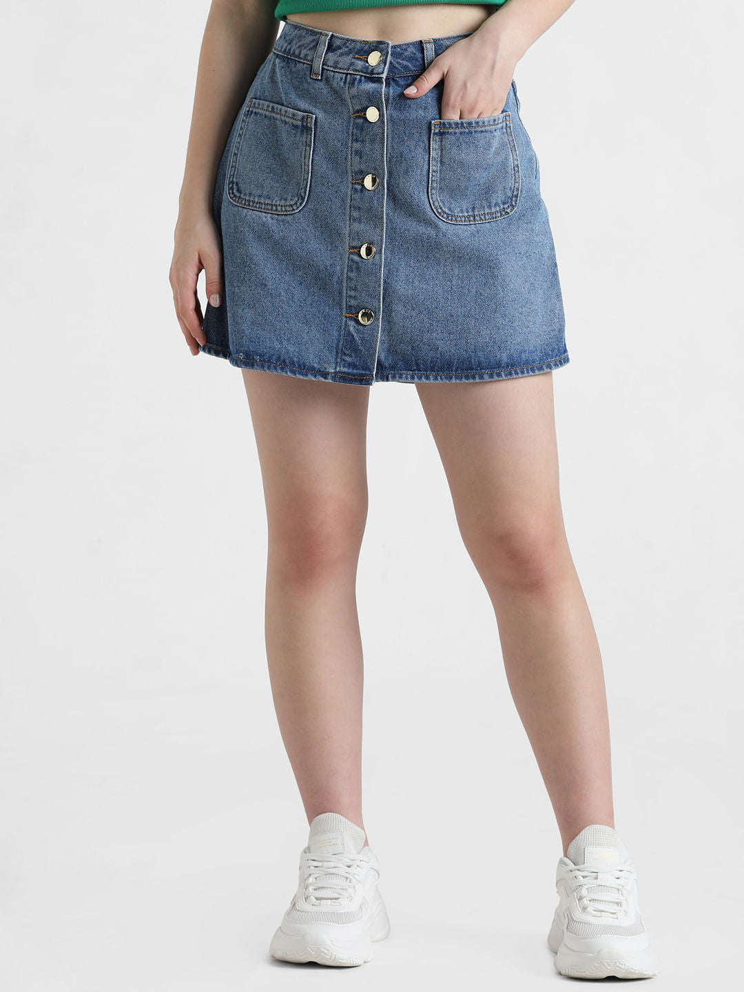Blue High Rise Faded Denim Skorts