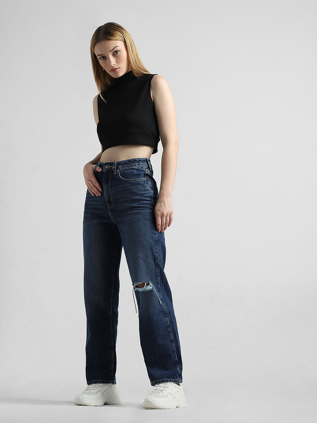 Dark Blue High Rise Distressed Wide Leg Jeans